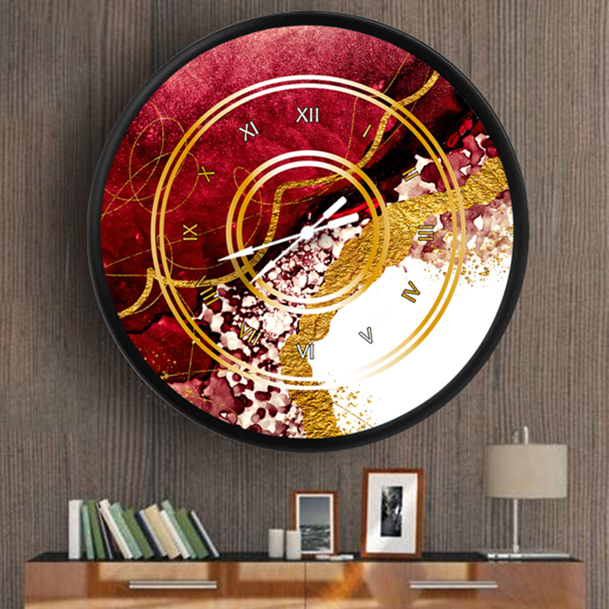 bordo ve altın akışkan sanat deseni, MDF duvar saati