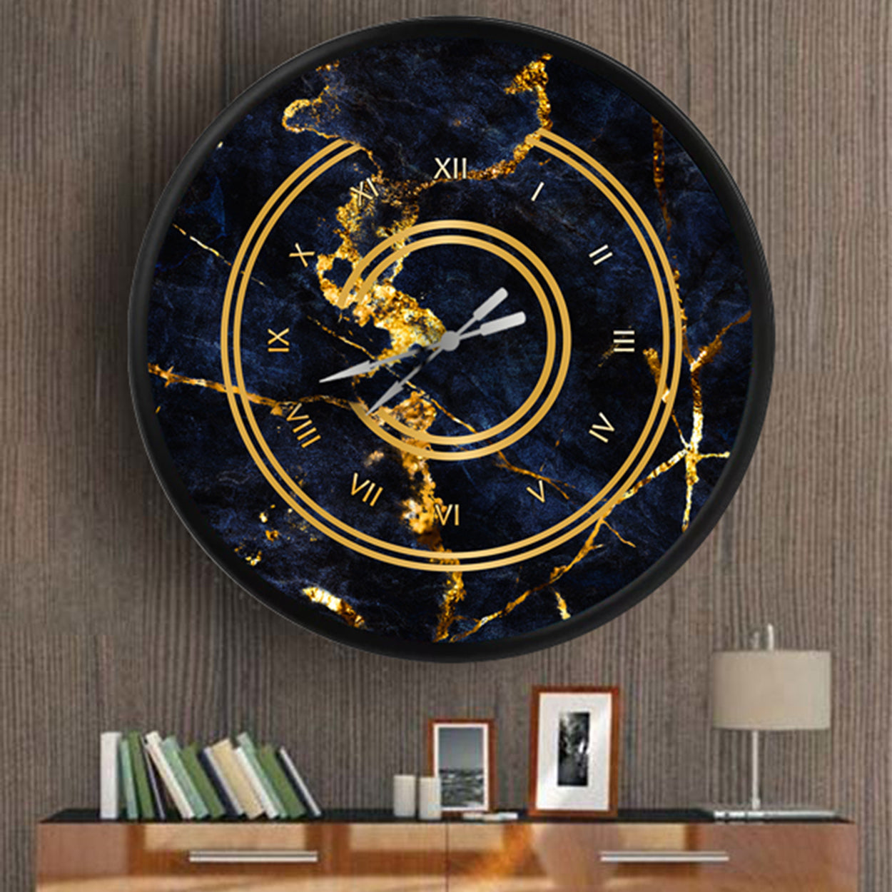 altın damarlı lacivert mermer dokusu, MDF duvar saati