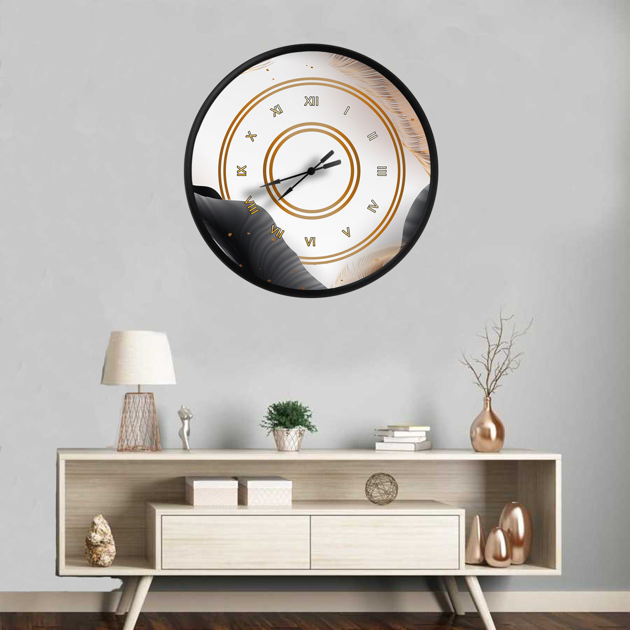 siyah ve altın rengi soyut tüy deseni, MDF duvar saati