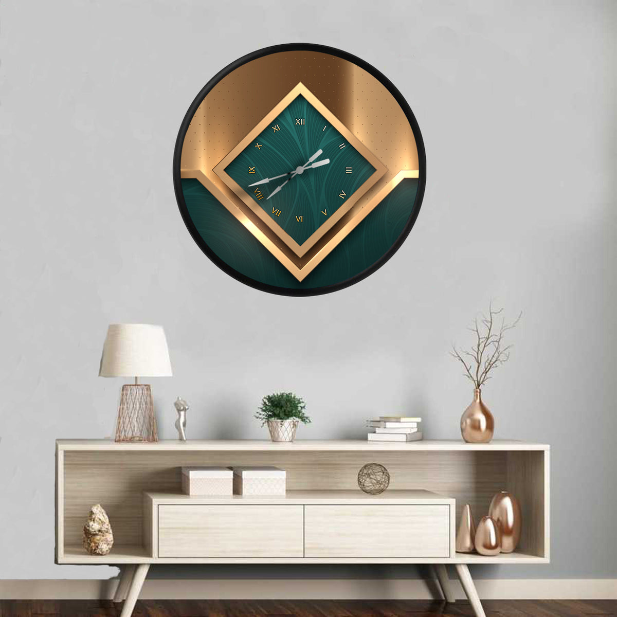 art deko yeşil ve altın geometrik desen, MDF duvar saati