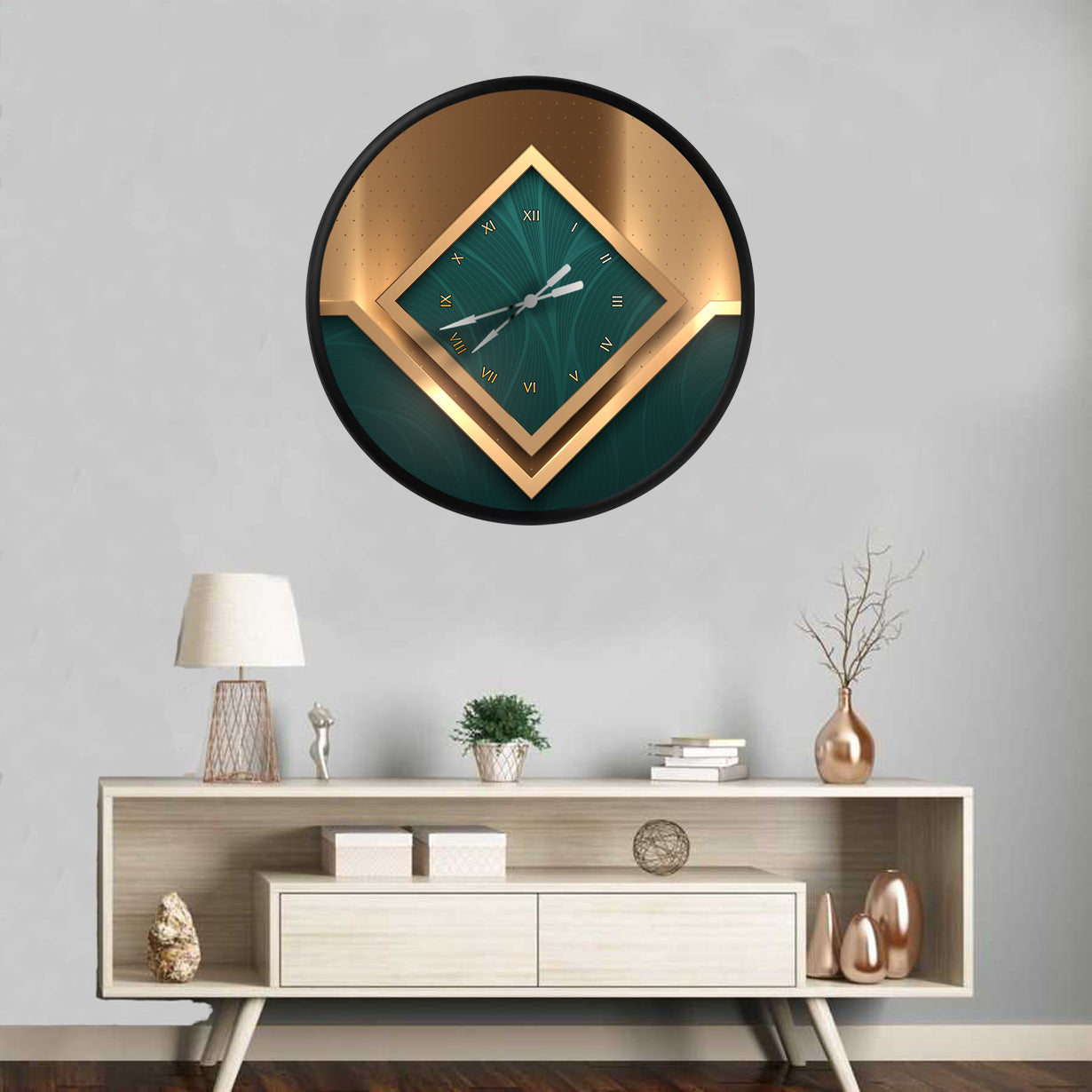 art deko yeşil ve altın geometrik desen, MDF duvar saati