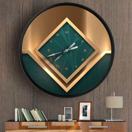 art deko yeşil ve altın geometrik desen, MDF duvar saati