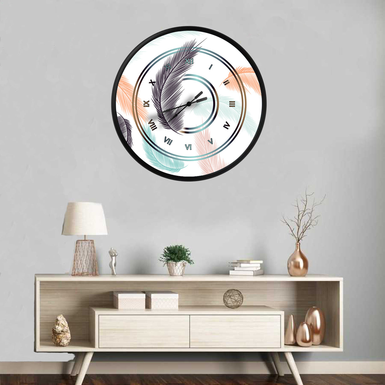 pastel renklerde dağınık tüy deseni, MDF duvar saati