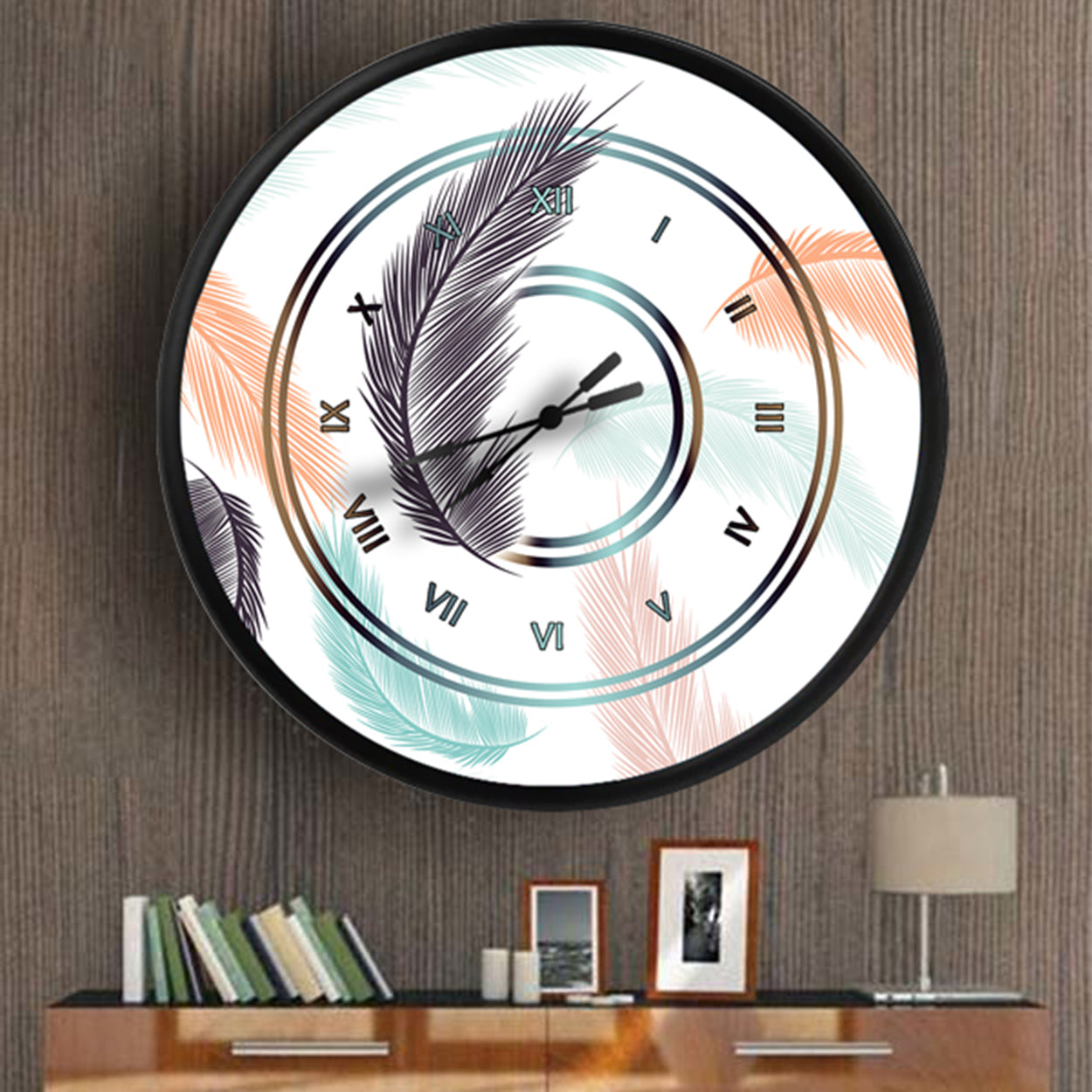 pastel renklerde dağınık tüy deseni, MDF duvar saati