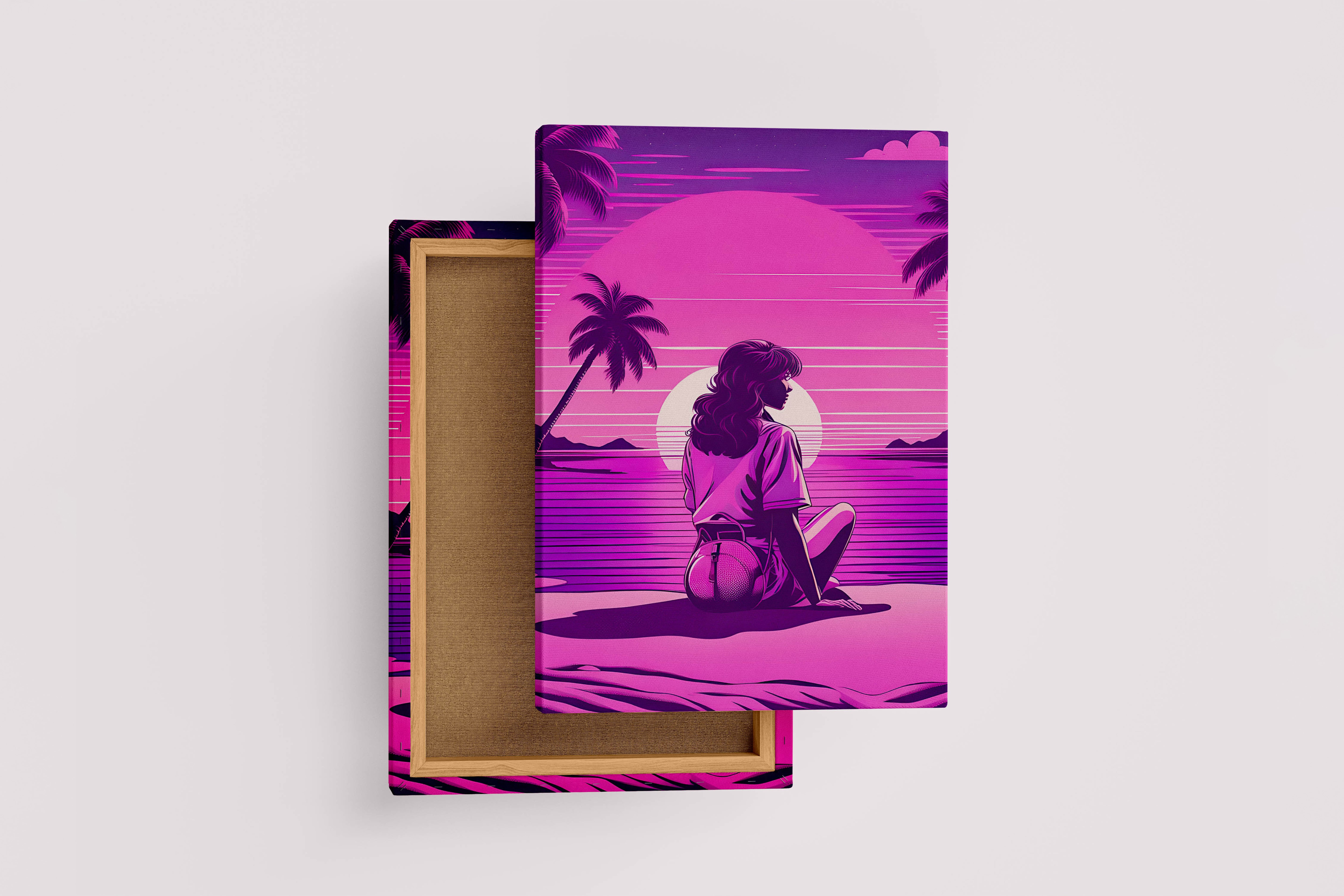 retrowave vogue, pop art, sunshine, sitting on the beach, art, kanvas tablo
