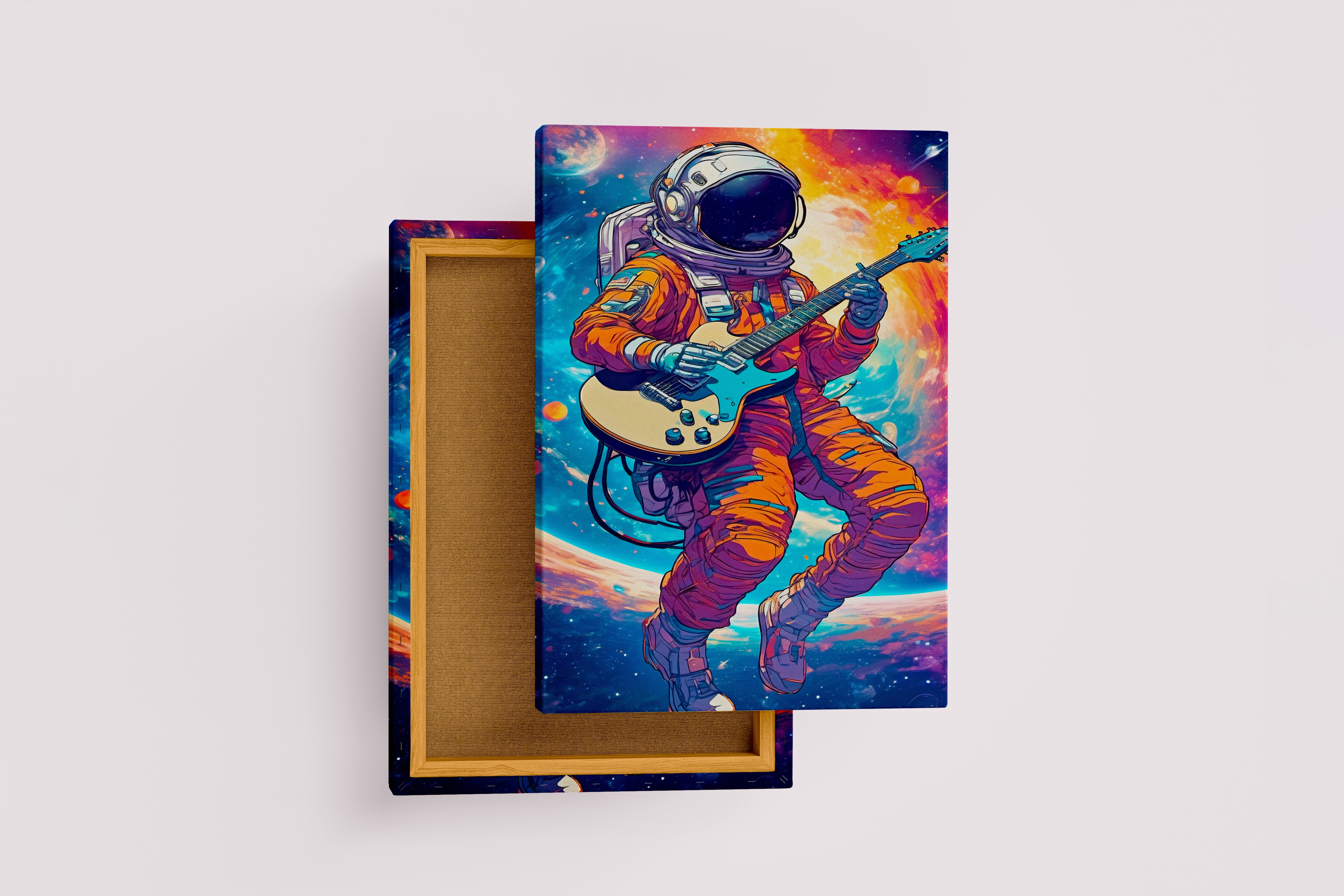 ai creation, astronaut playing guitar in space model 1, orange theme, ai art, art, kanvas tablo
