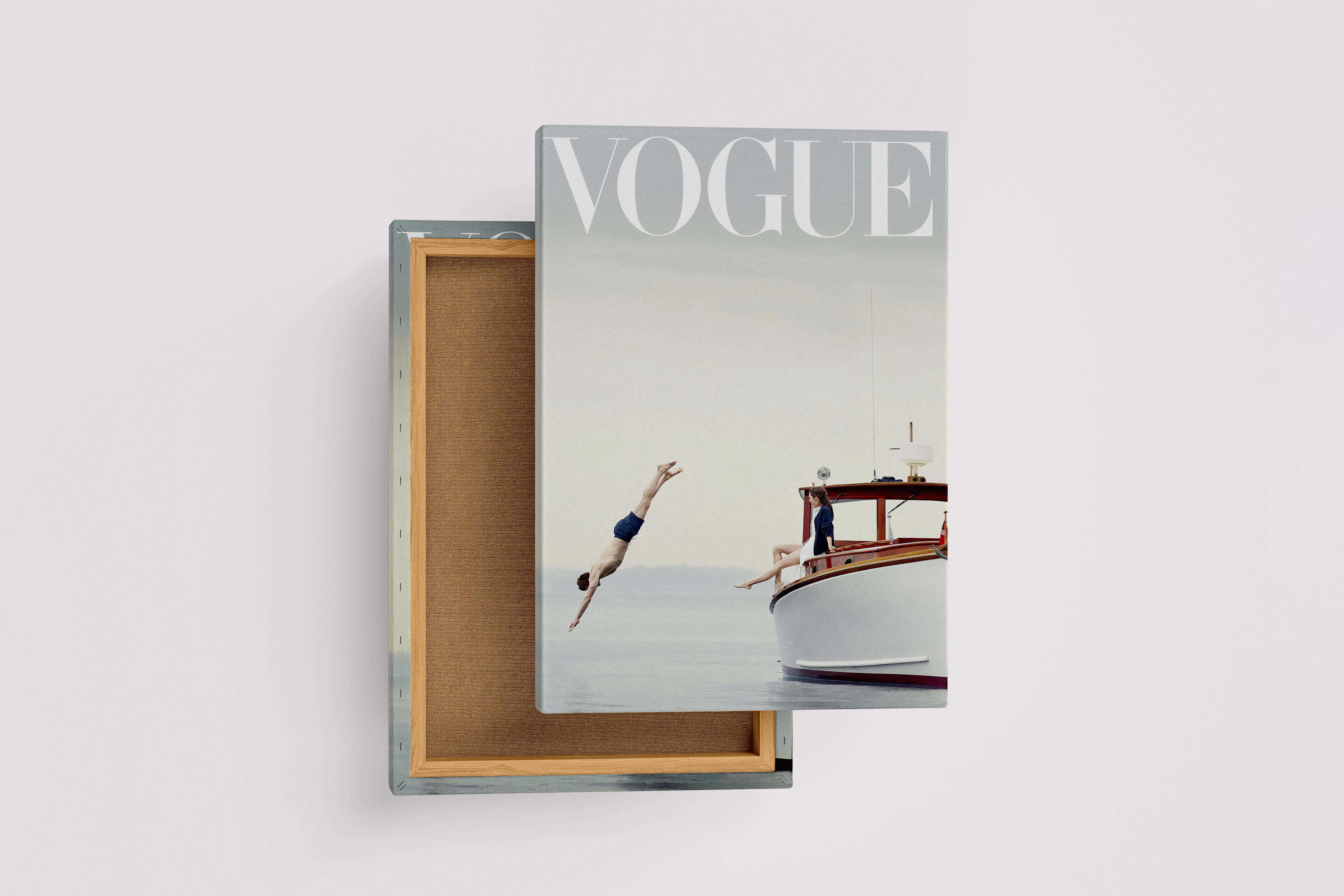 a vogue cover of a man diving off a classic boat as a woman watches, art, kanvas tablo