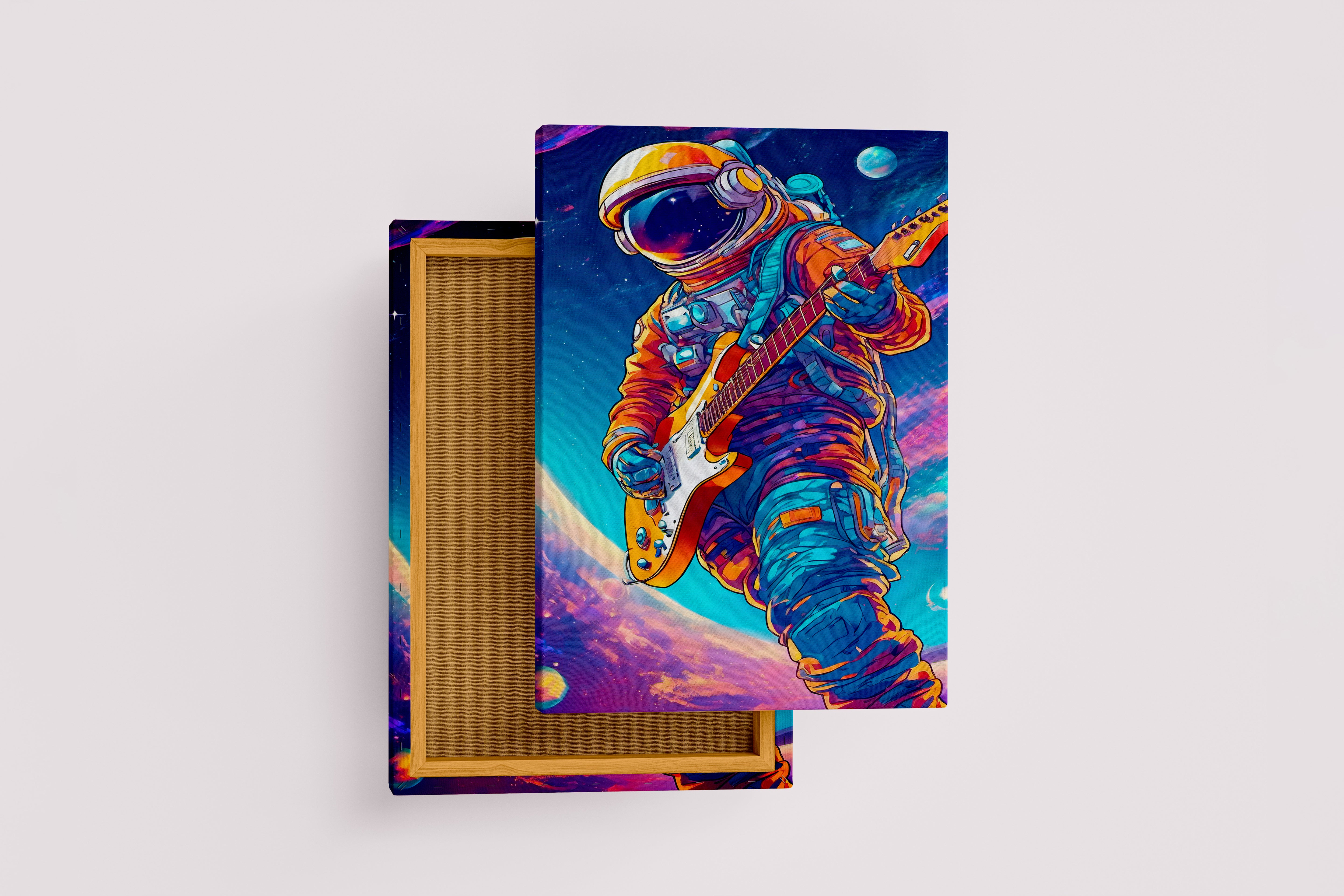 ai creation, astronaut playing guitar in space model 2, orange theme, ai art, art, kanvas tablo