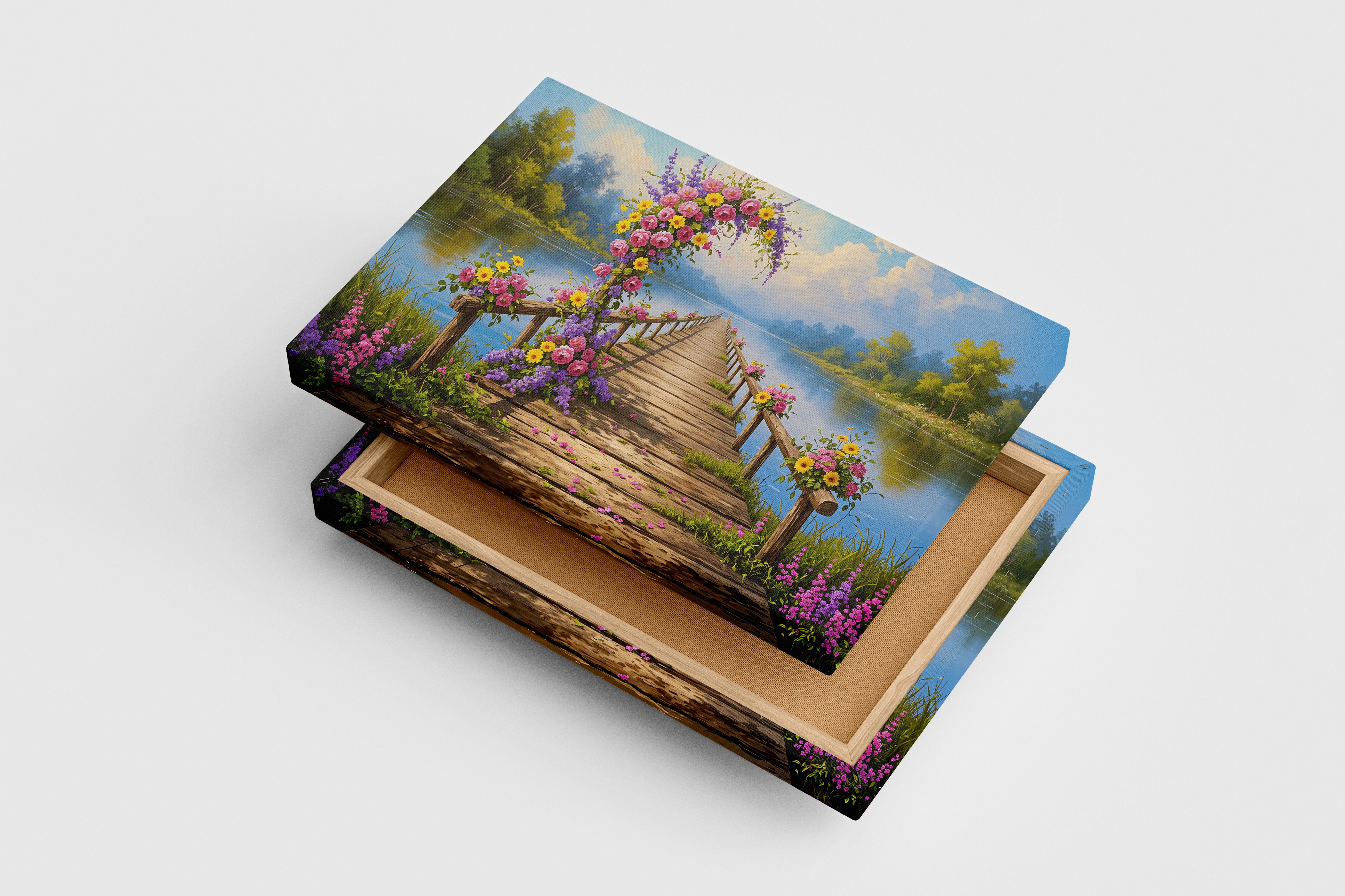 pier and nature view by the river with colorful flowers model 2, view, ai art, art, kanvas tablo