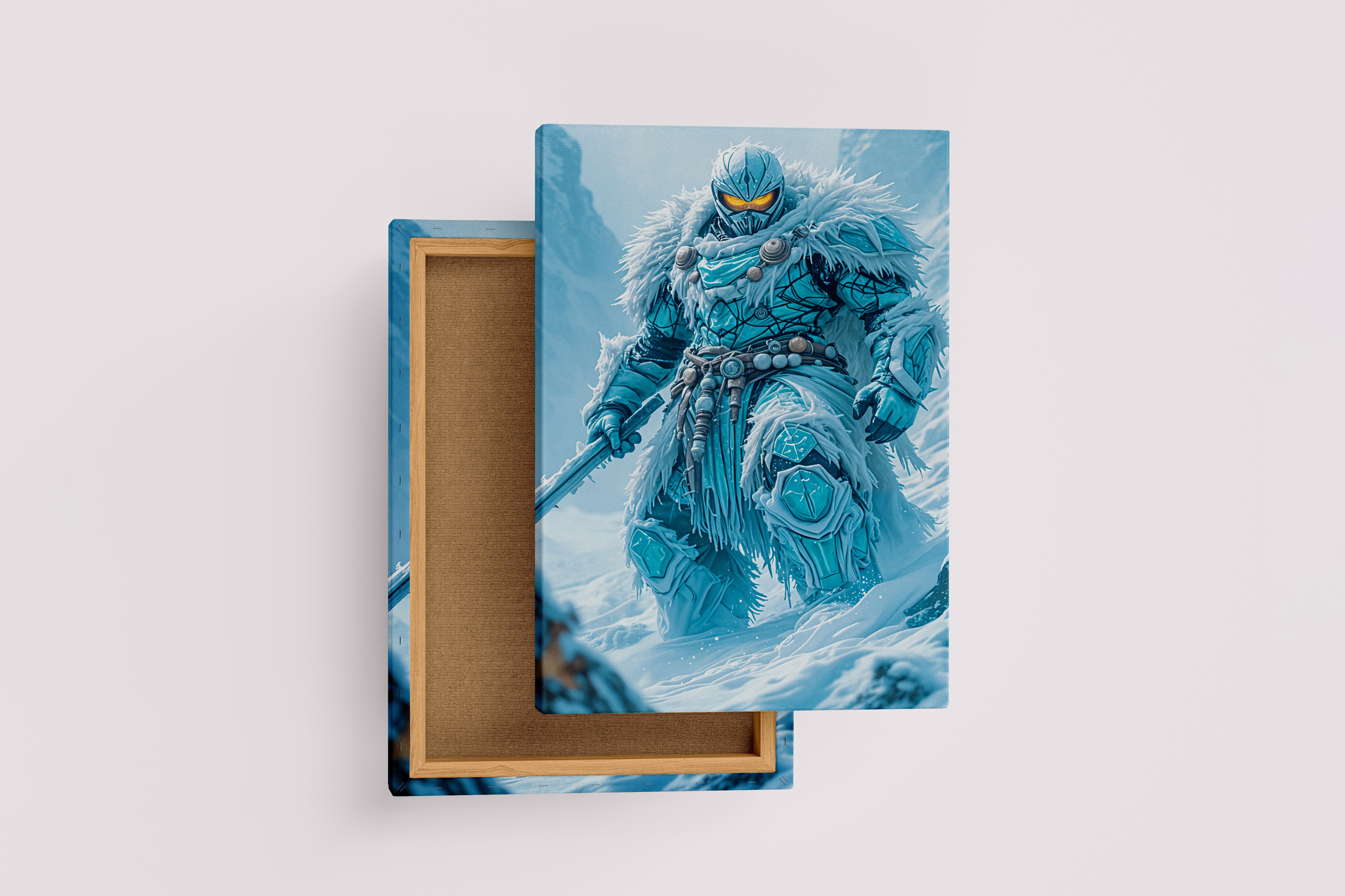 ai creation, a formidable ice warrior in cracked armor with glowing orange eyes, ai art, art, kanvas tablo