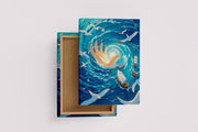 ai creation, a giant glowing hand creating a whirlpool in the sea with ships, ai art, art, kanvas tablo