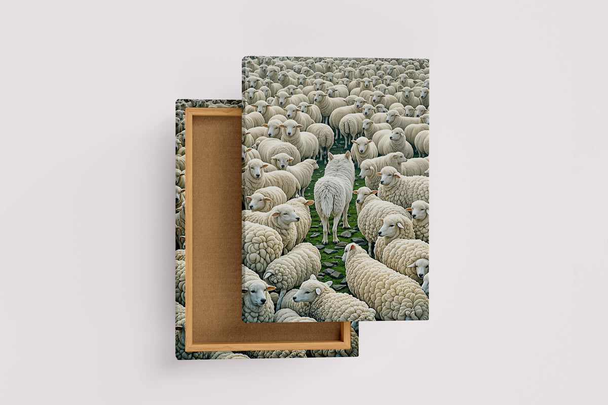 ai creation, the white wolf among the sheep, ai art, art, kanvas tablo