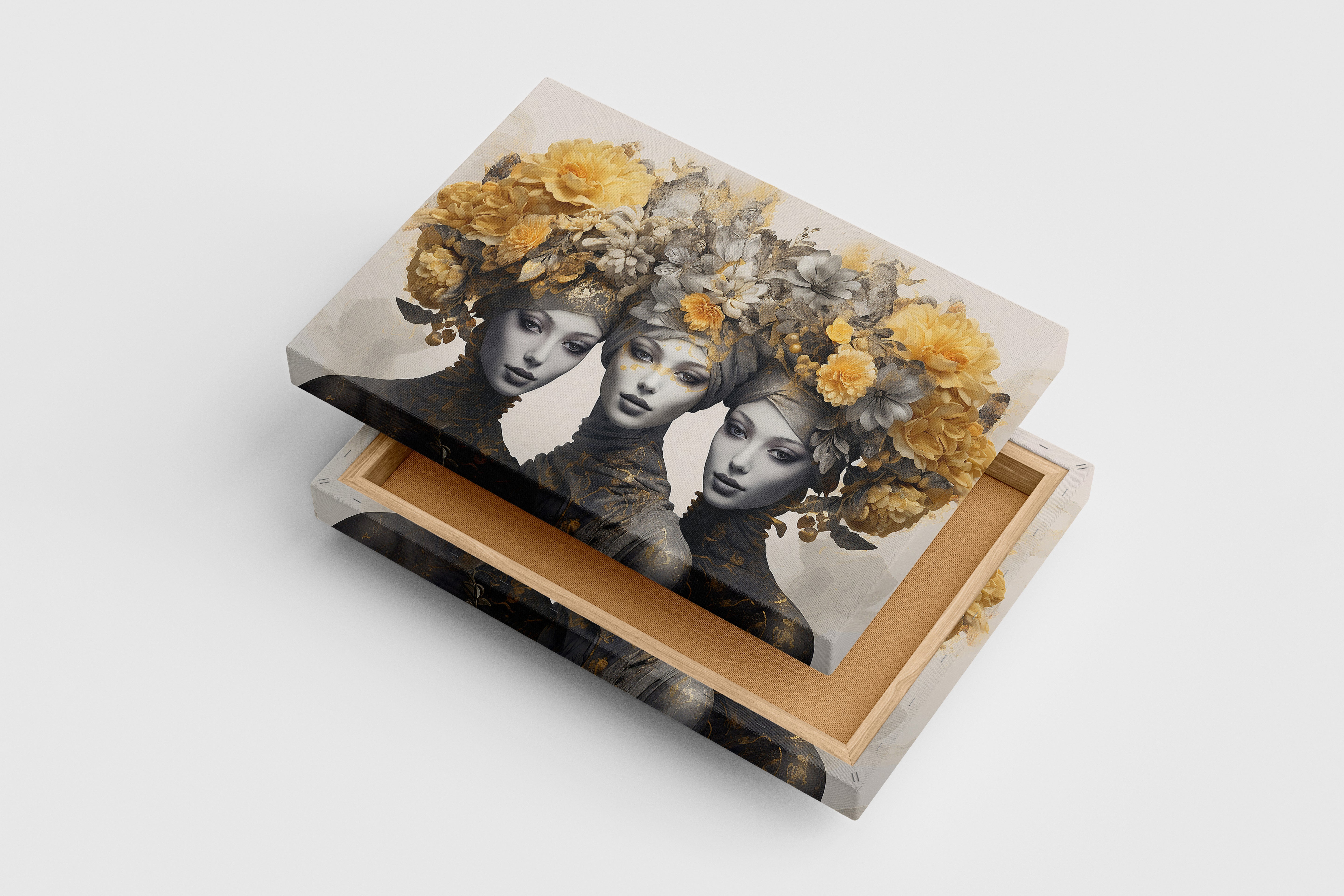 three elegant women with elaborate headdresses of yellow and grey flowers, flower motif, art, kanvas tablo