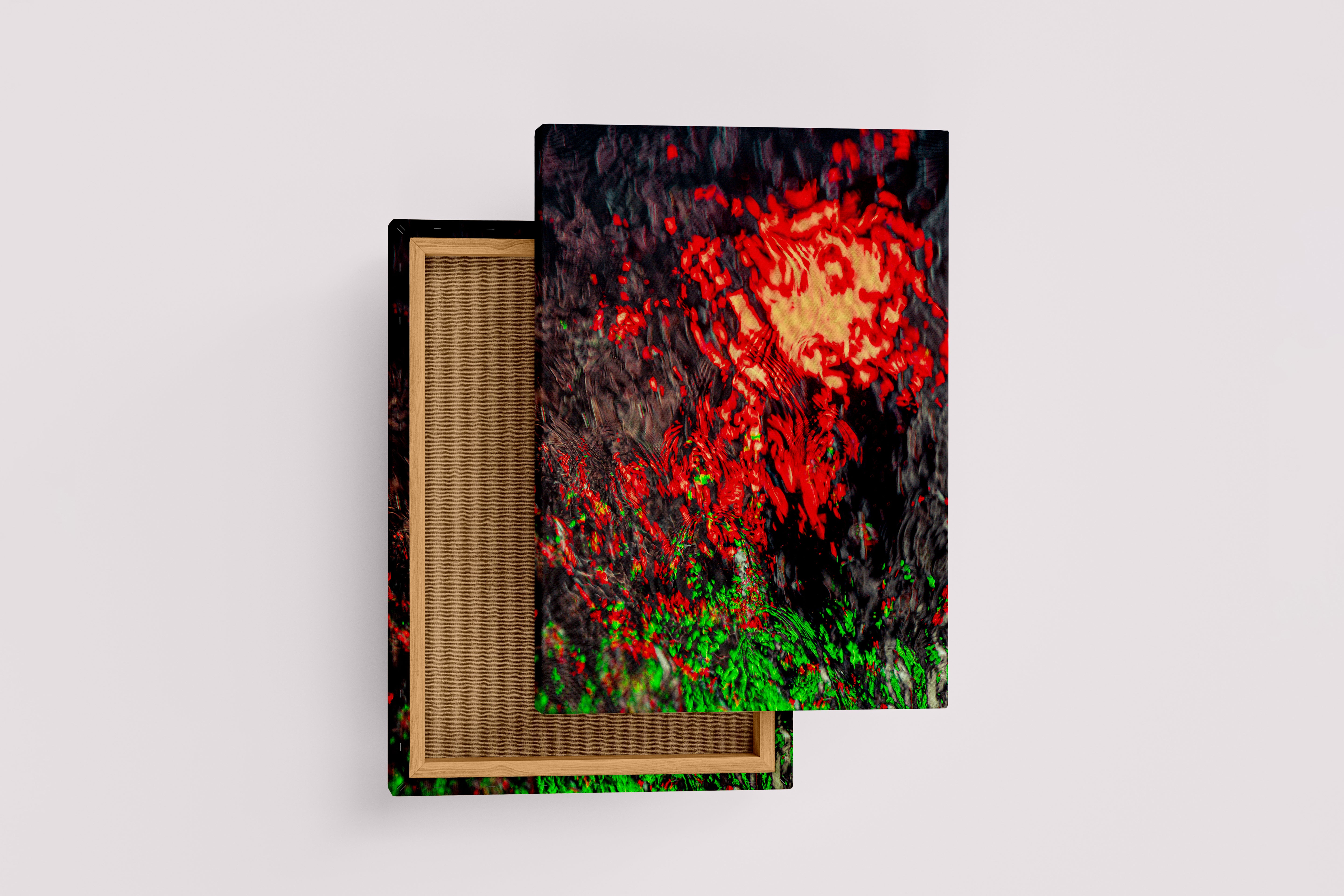 an abstract photo of bright red and green lights reflecting on dark, rippling water, abstract, art, kanvas tablo