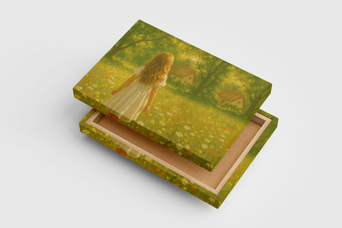 forest and small hut with flower view with little girl, view, art, kanvas tablo