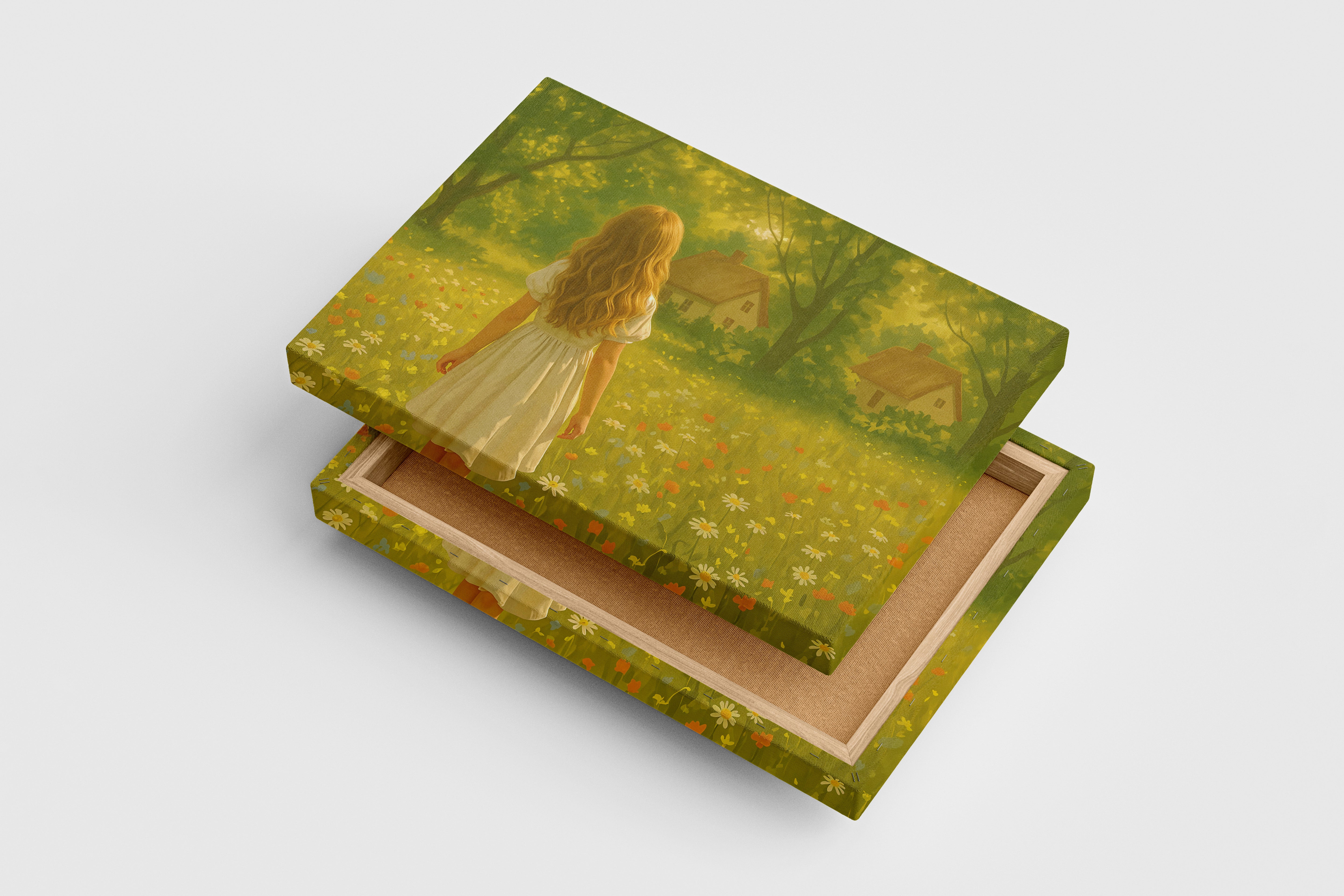 forest and small hut with flower view with little girl, view, art, kanvas tablo