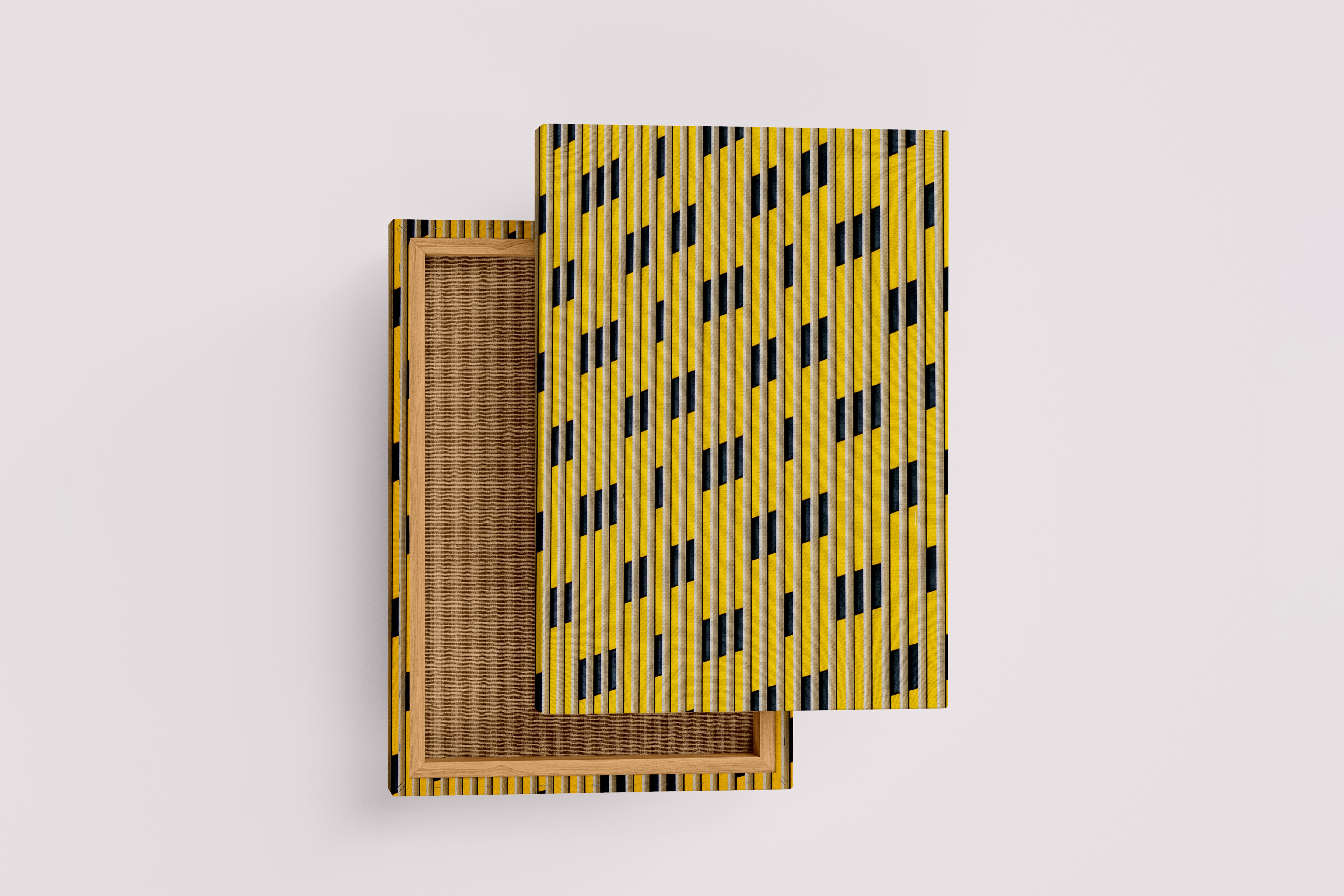 a striking architectural pattern of yellow and black vertical lines creating a rhythmic facade, abstract, art, kanvas tablo