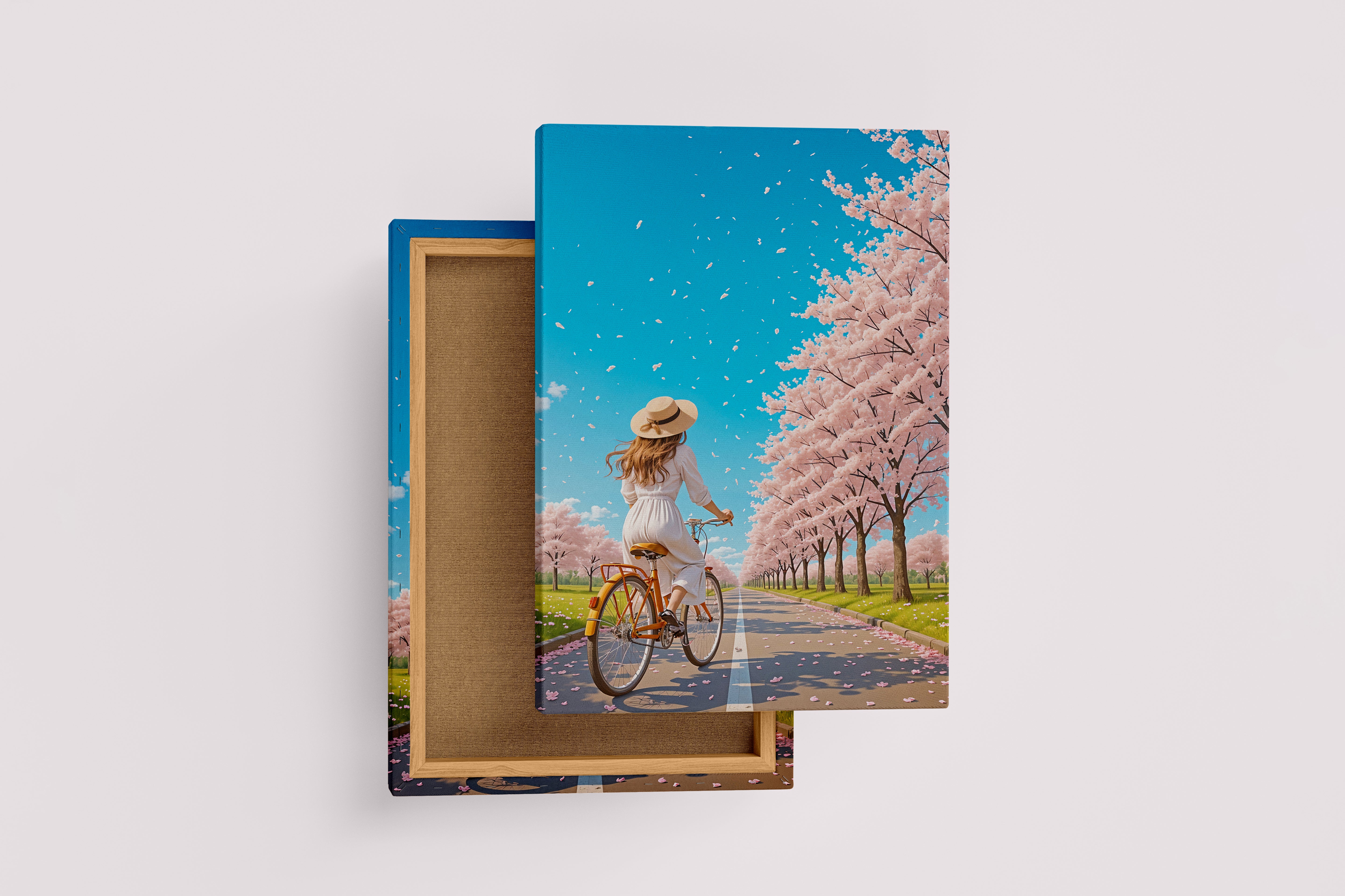 ai creation, a road decorated with soft pink trees with a girl on a bike with a hat, ai art, art, kanvas tablo