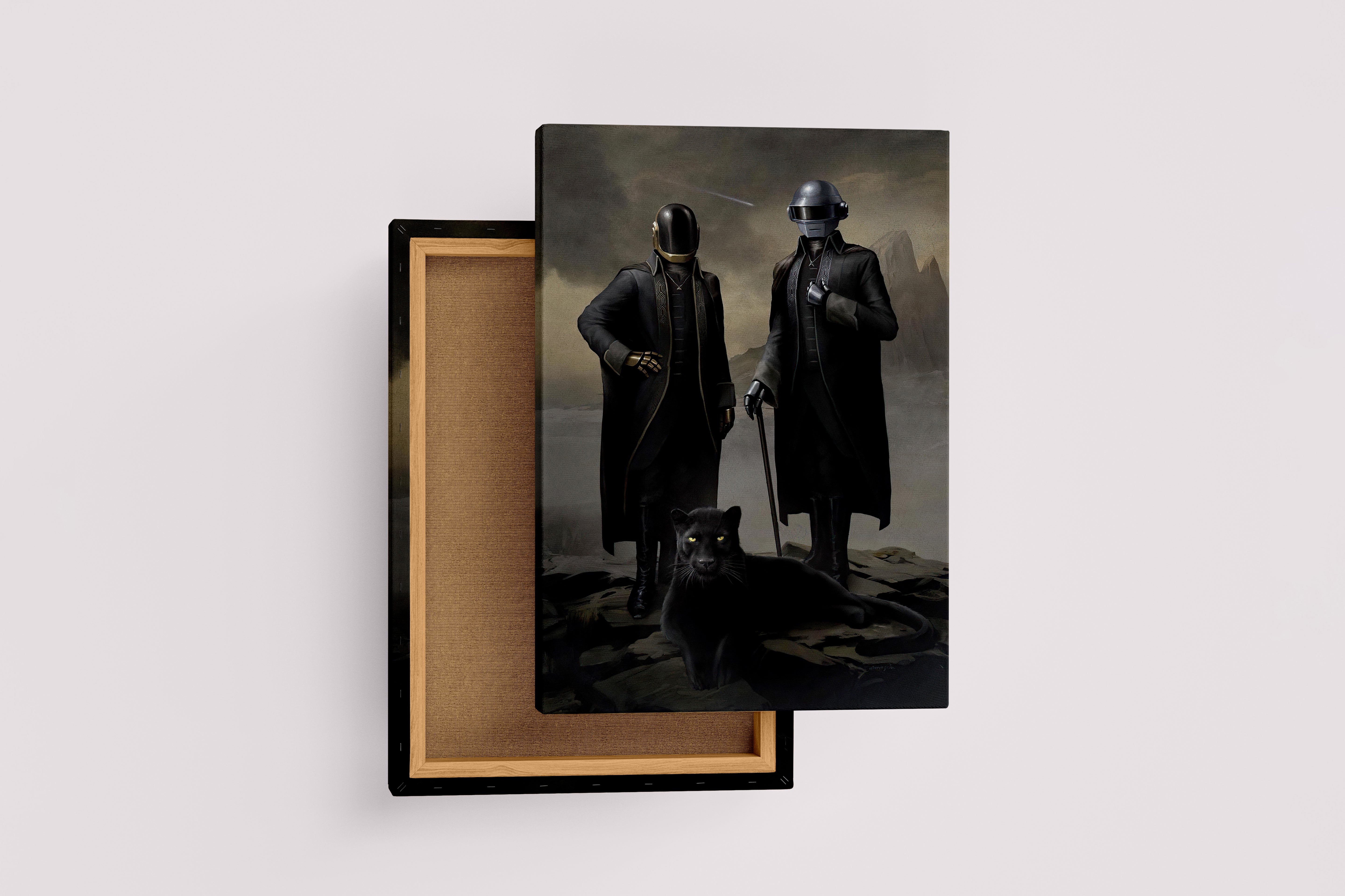 a classic, moody portrait of daft punk posing with a black panther, art, kanvas tablo