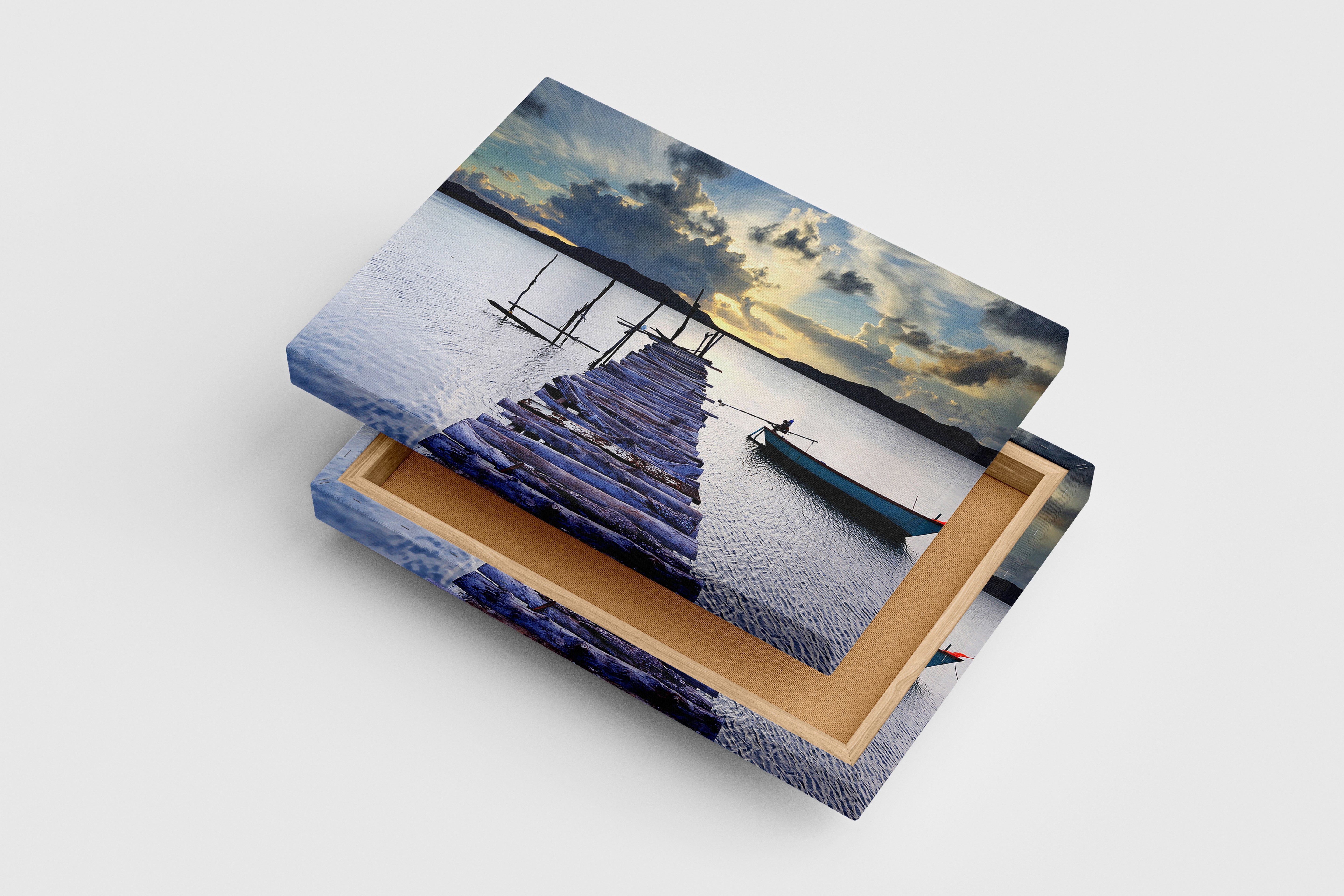 a rustic, weathered pier and a small boat on a calm, reflective lake, view, art, kanvas tablo