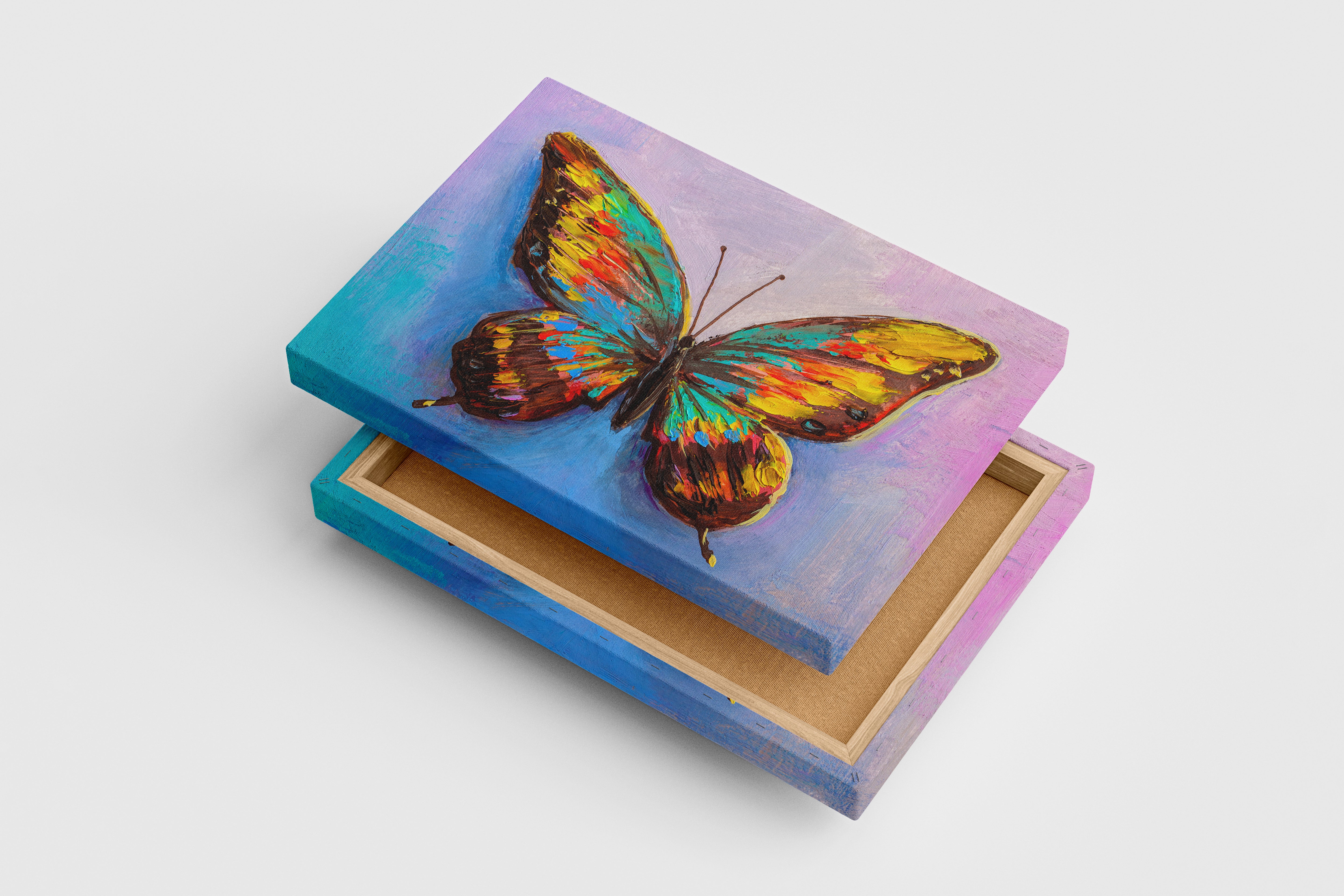 a vibrant, textured palette knife painting of a single colorful butterfly, flower motif, art, kanvas tablo
