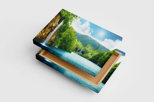a paradise of waterfalls cascading into a vibrant turquoise lake in a lush valley, view, art, kanvas tablo