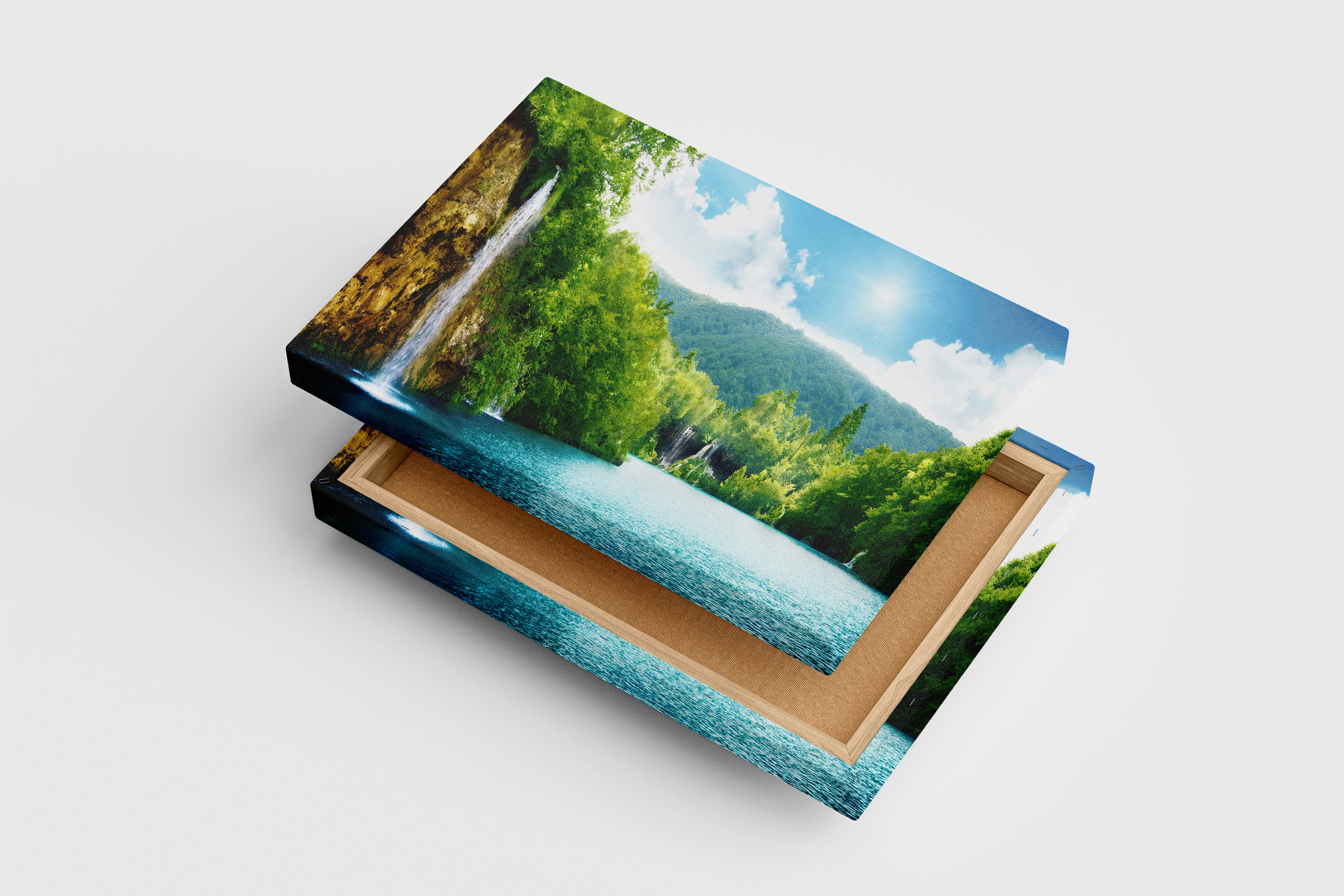 a paradise of waterfalls cascading into a vibrant turquoise lake in a lush valley, view, art, kanvas tablo
