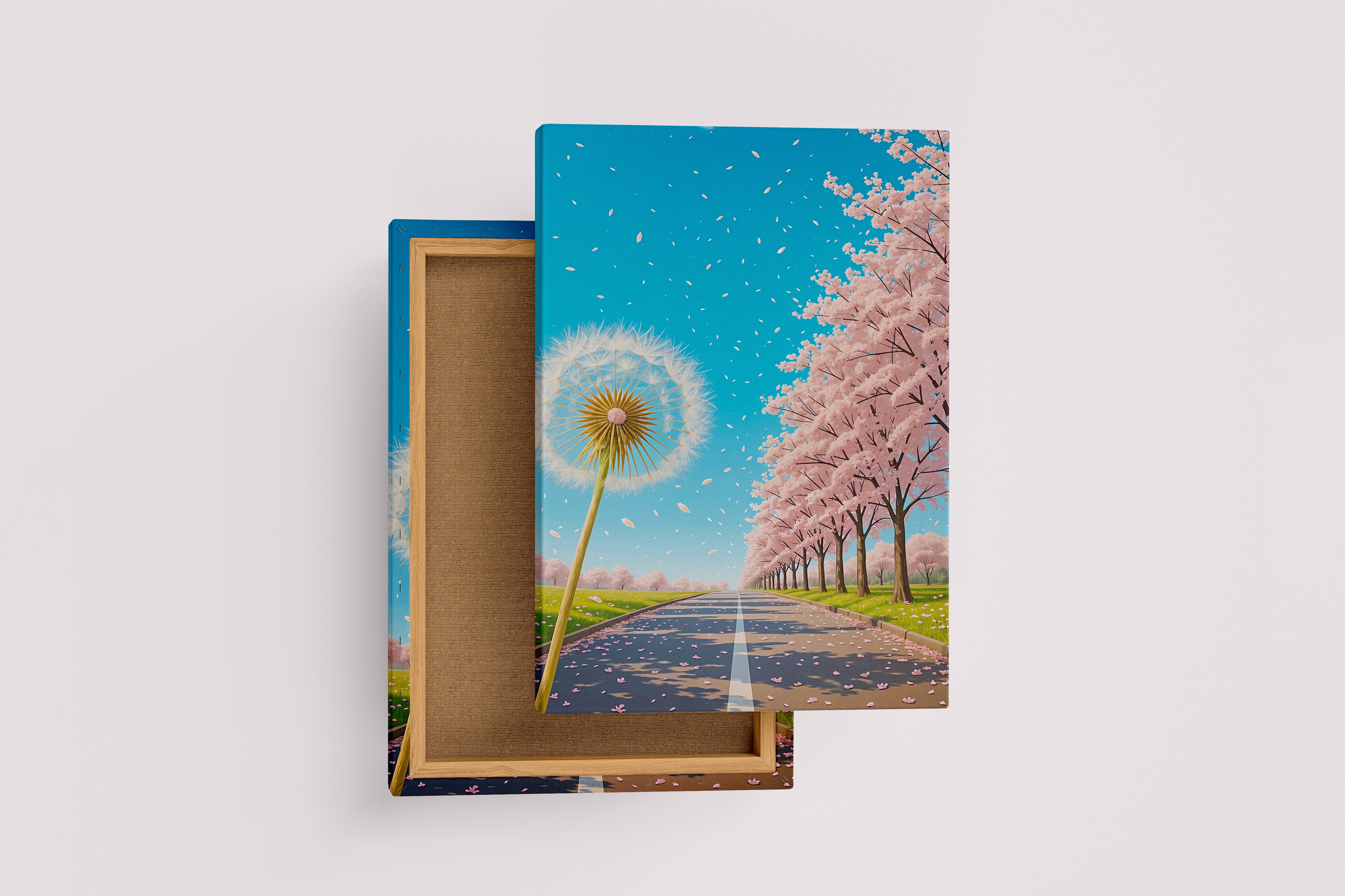 ai creation, a road decorated with soft pink trees with a dandelion, ai art, art, kanvas tablo