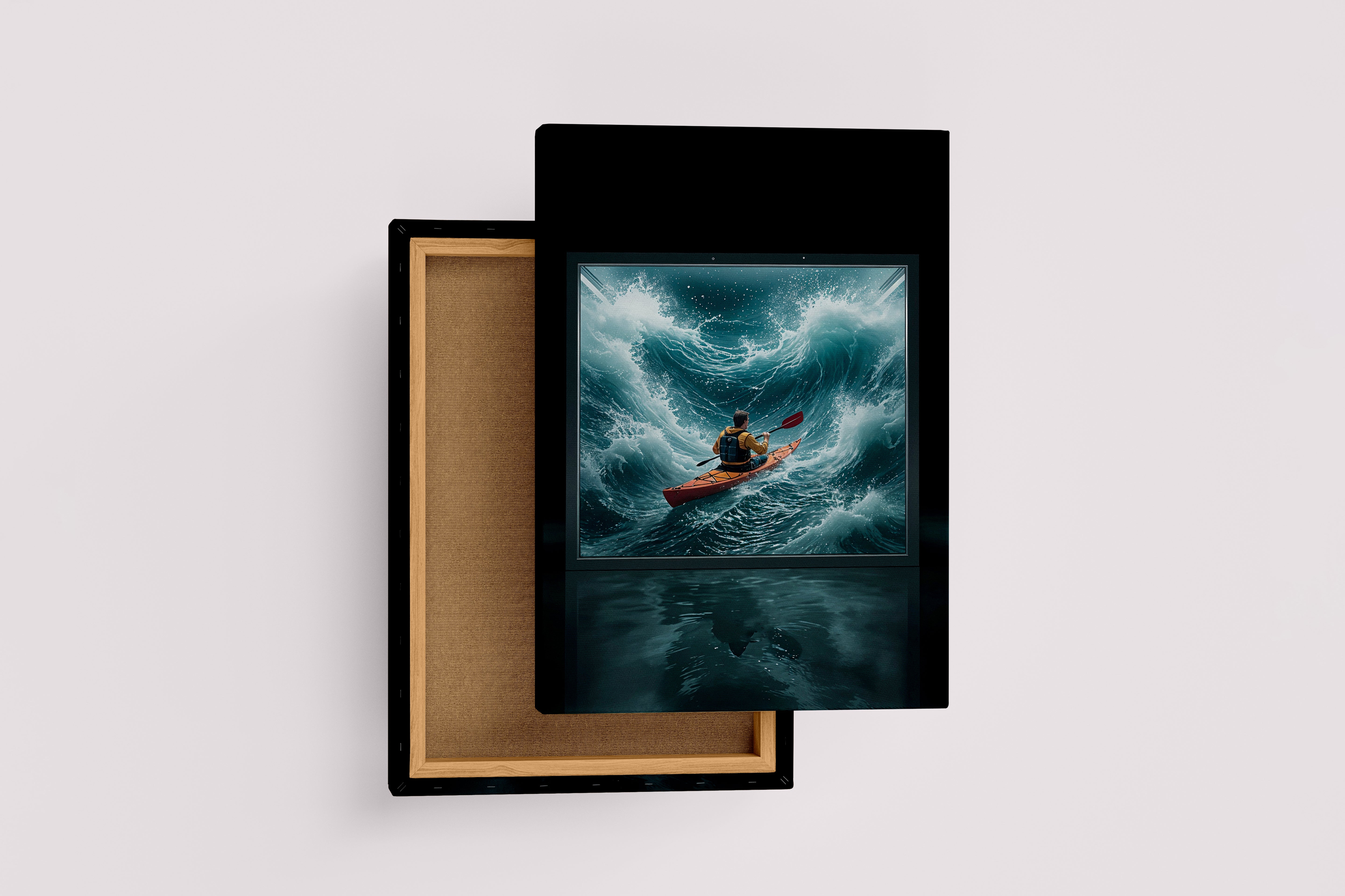 ai creation, kayaker battling huge stormy waves, coming out of a screen, ai art, art, kanvas tablo