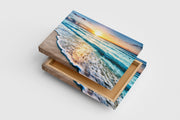 a serene beach at sunrise with turquoise waves and a golden sun reflection, view, art, kanvas tablo
