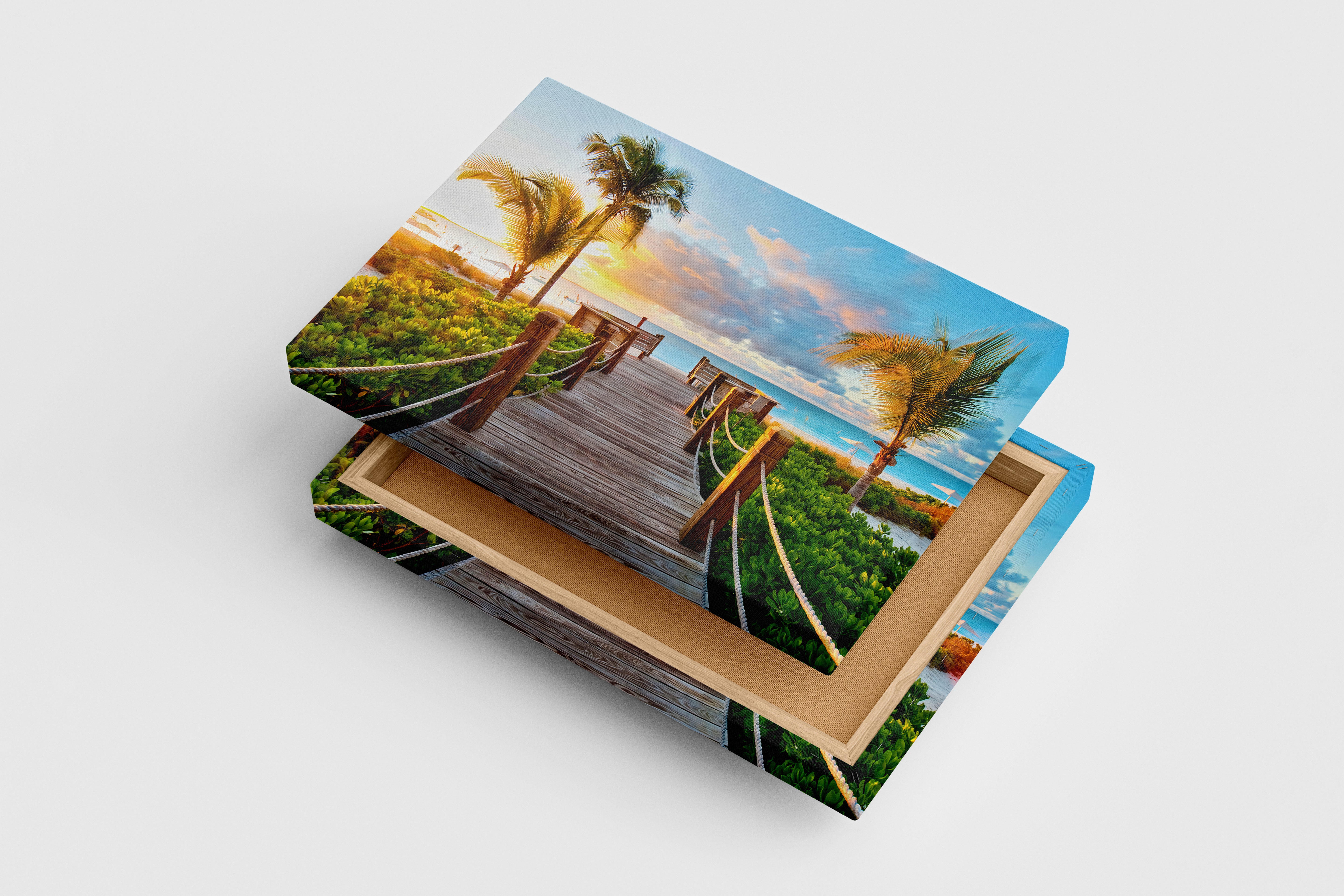 a wooden walkway to a serene paradise beach with palm trees at sunset, view, art, kanvas tablo