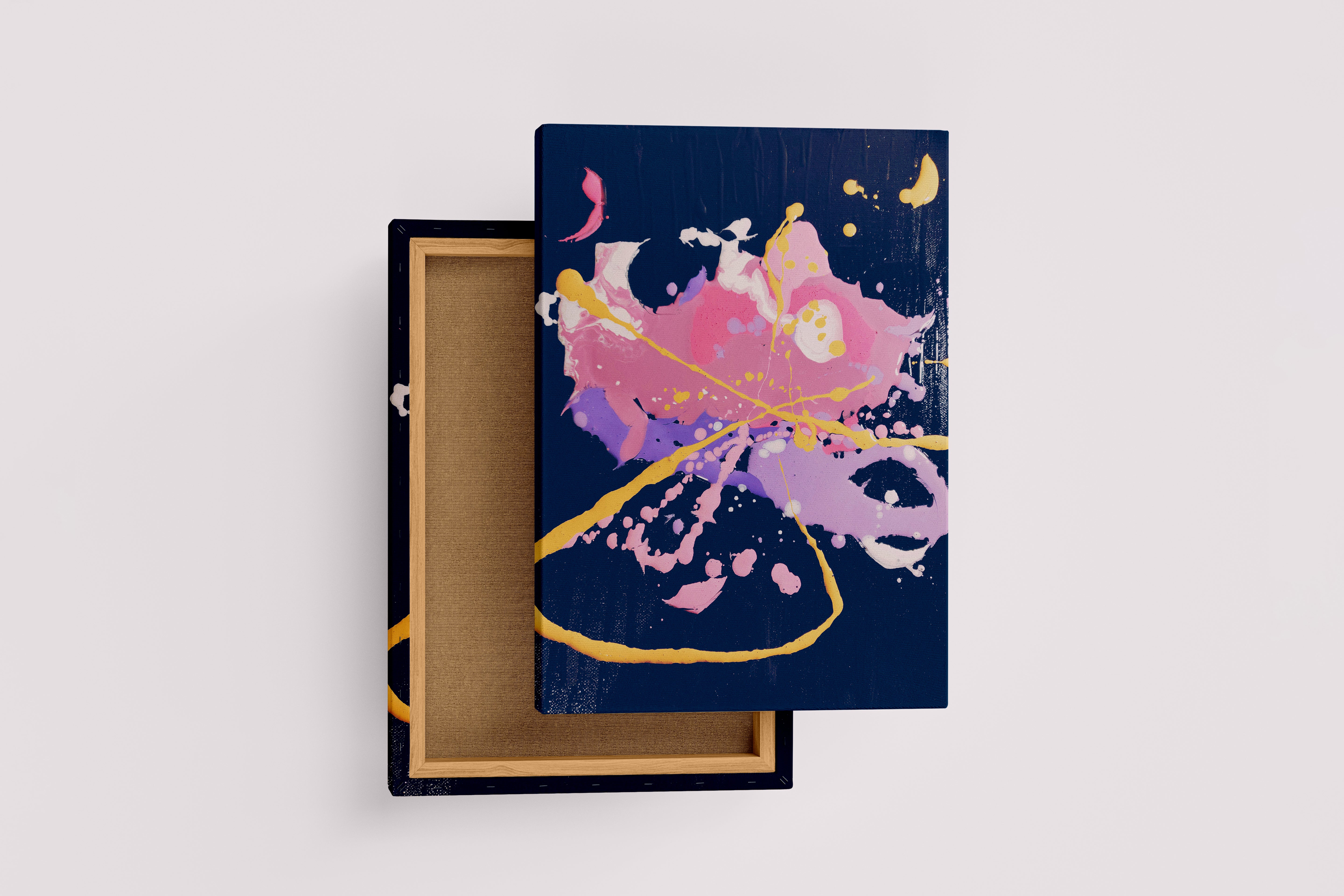 an expressive abstract painting with vibrant splashes of pink, yellow and purple paint, abstract, art, kanvas tablo
