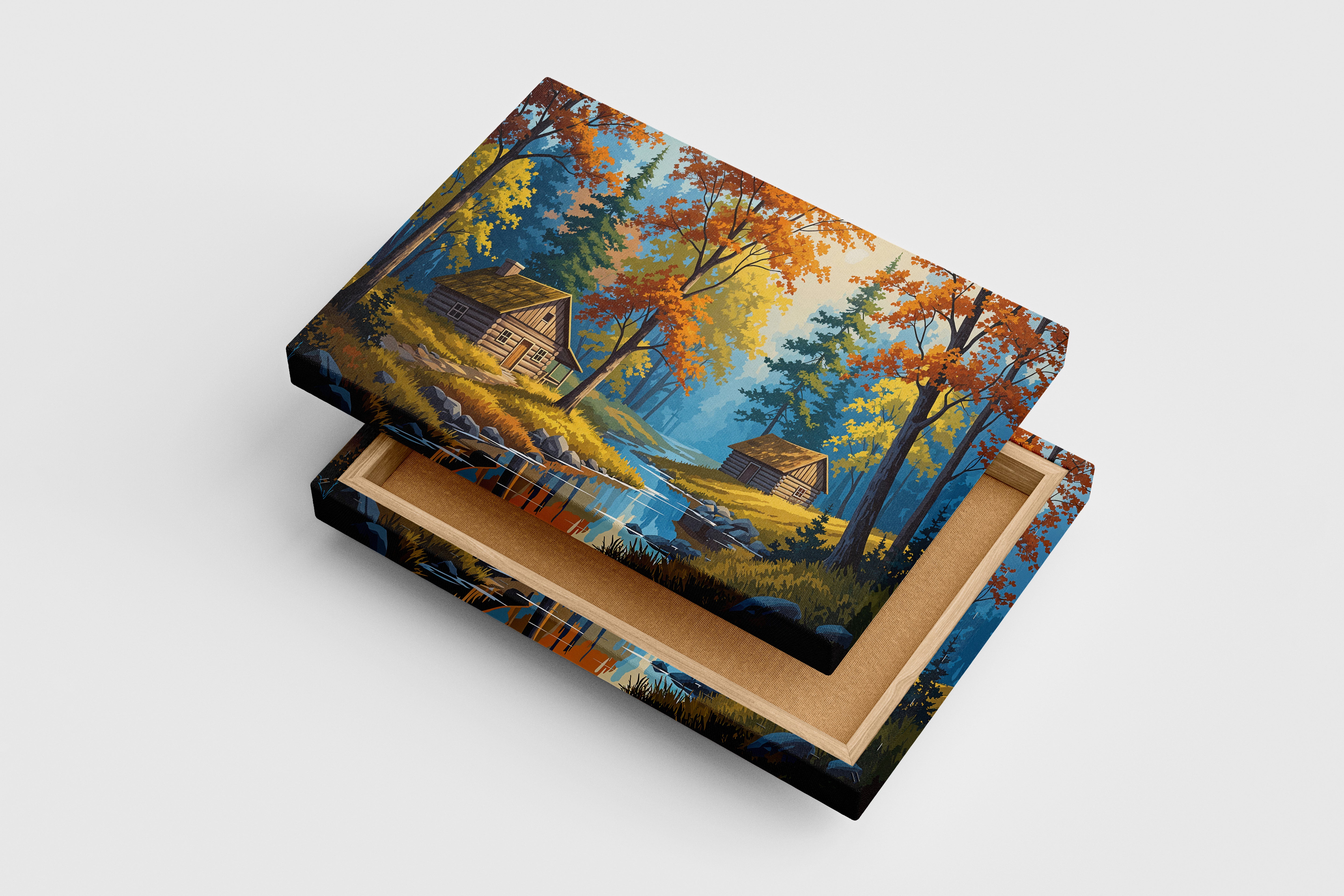 two huts forest view at sunset model 2, view, art, kanvas tablo