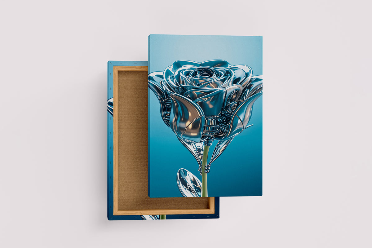 ai creation, the rose and its leaves are made of silver, in muted blue tones model 2, ai art, art, kanvas tablo
