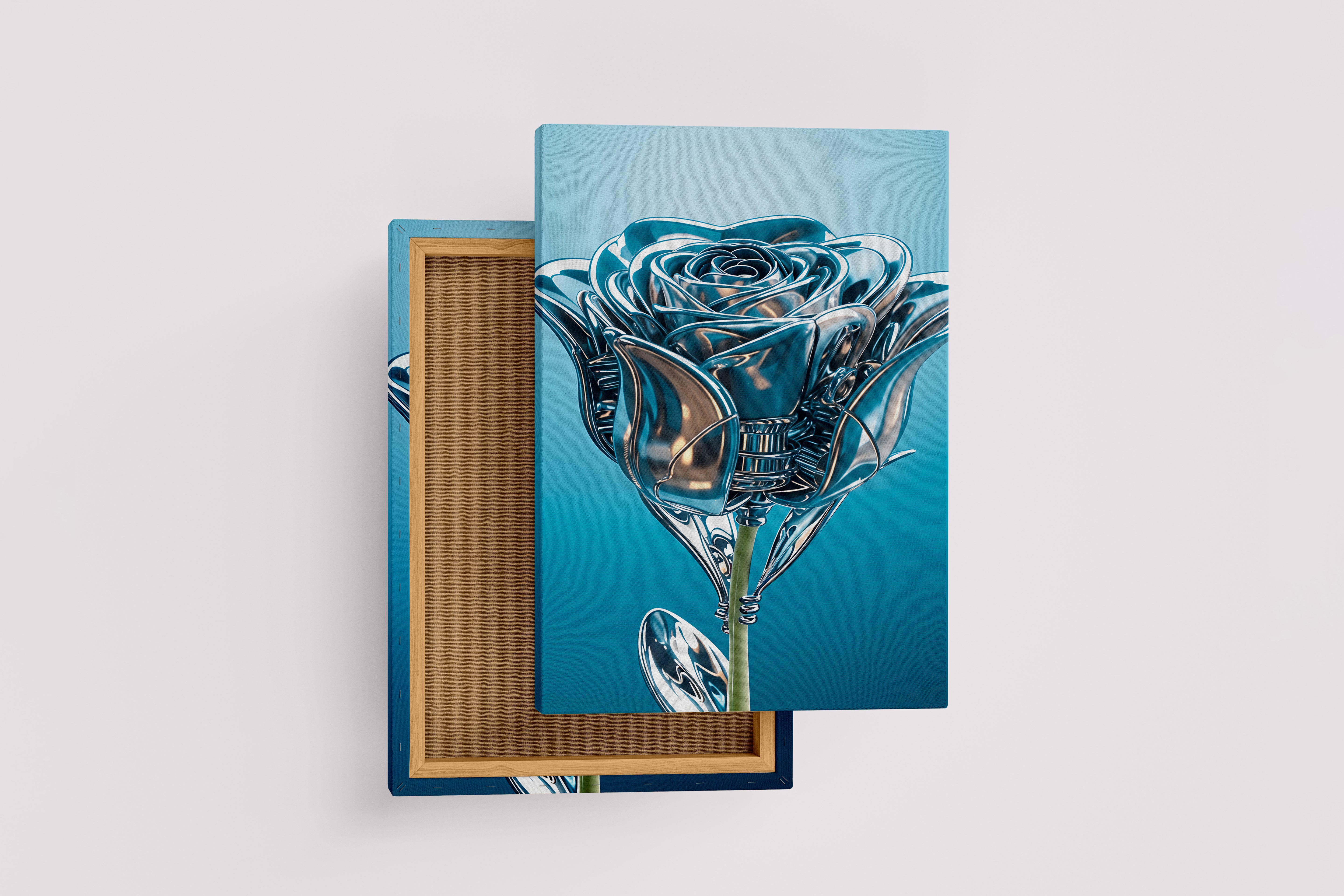 ai creation, the rose and its leaves are made of silver, in muted blue tones model 2, ai art, art, kanvas tablo