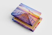 a peaceful wooden pier with glowing lamps leading to a vibrant ocean sunset, view, art, kanvas tablo