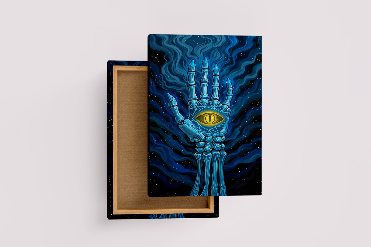 ai creation, the eye sign on the skeleton hand, art, kanvas tablo
