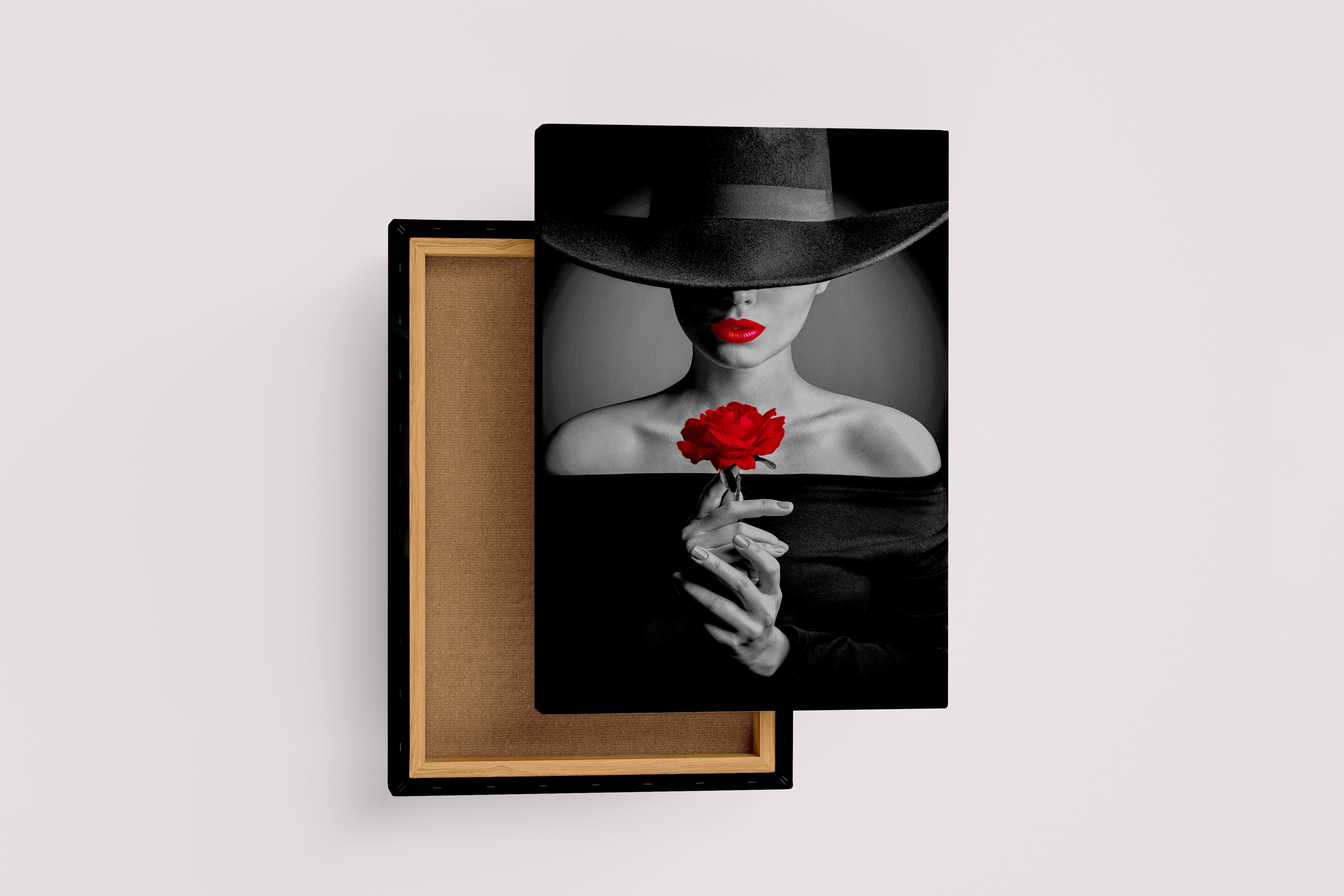 a black and white photo of a mysterious woman with a red rose and lips, art, kanvas tablo
