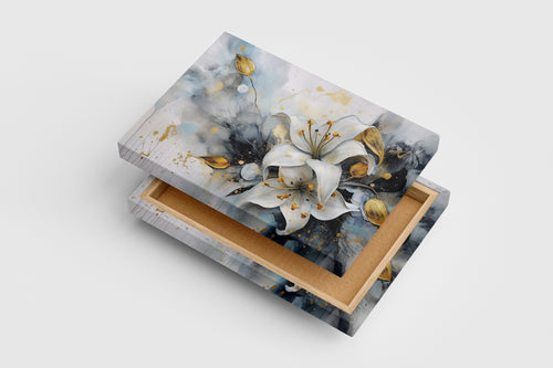 a luxurious watercolor of white lilies and golden leaves with gold splatters, flower motif, art, kanvas tablo