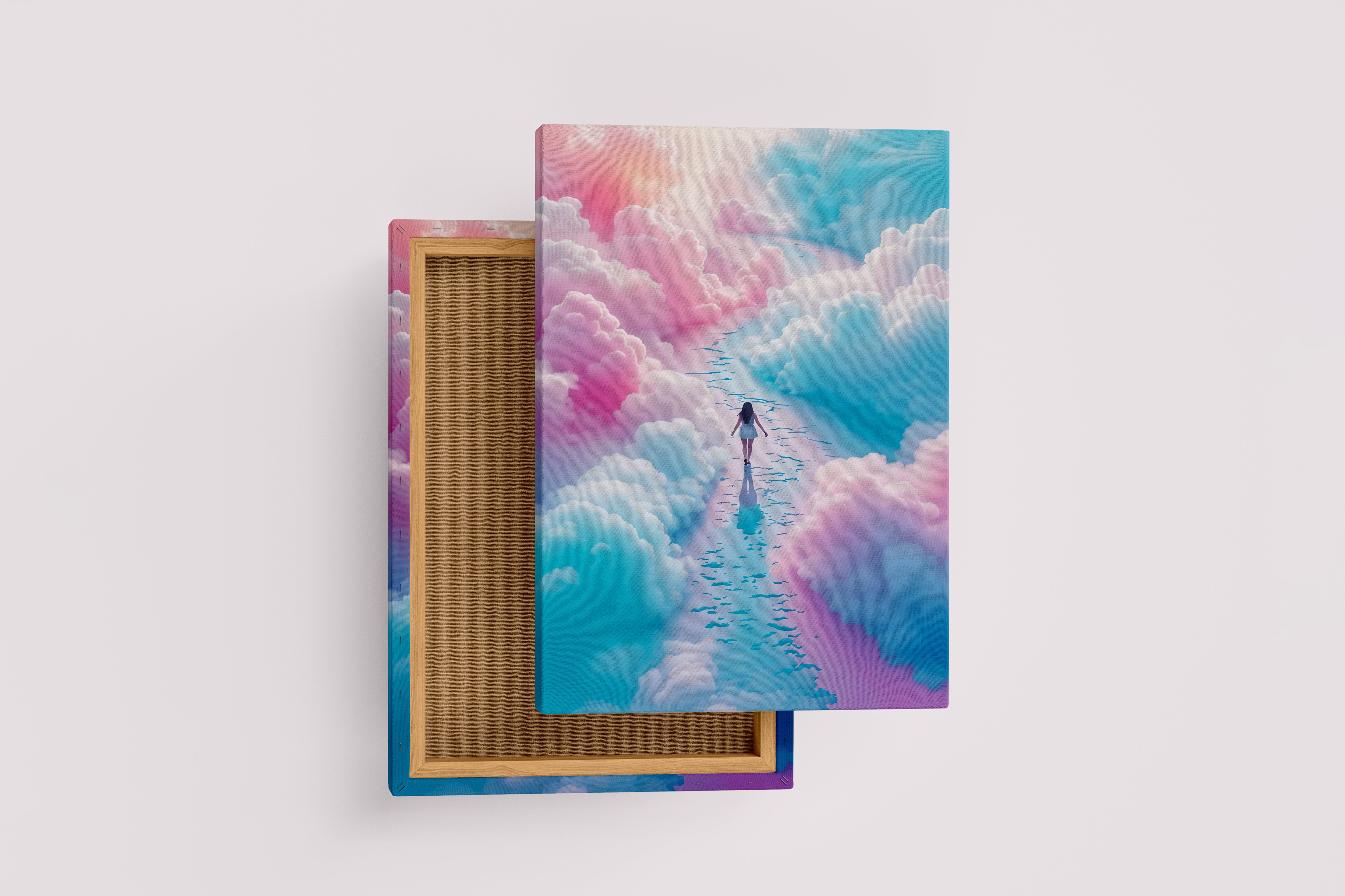 ai creation, woman walking among blue and pink clouds, ai art, art, kanvas tablo