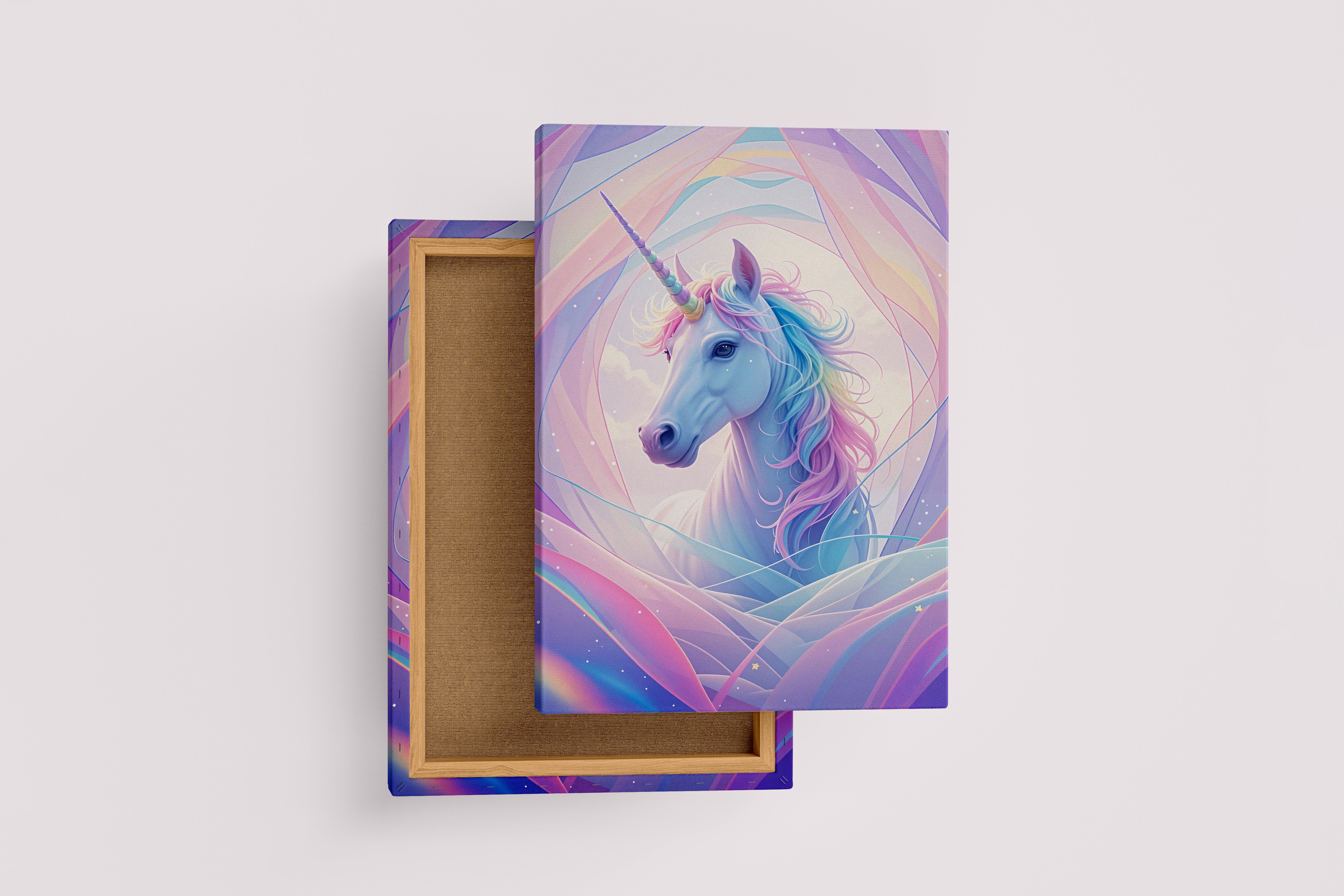 ai creation, happy looking unicorn on a soft white mix, ai art, art, kanvas tablo