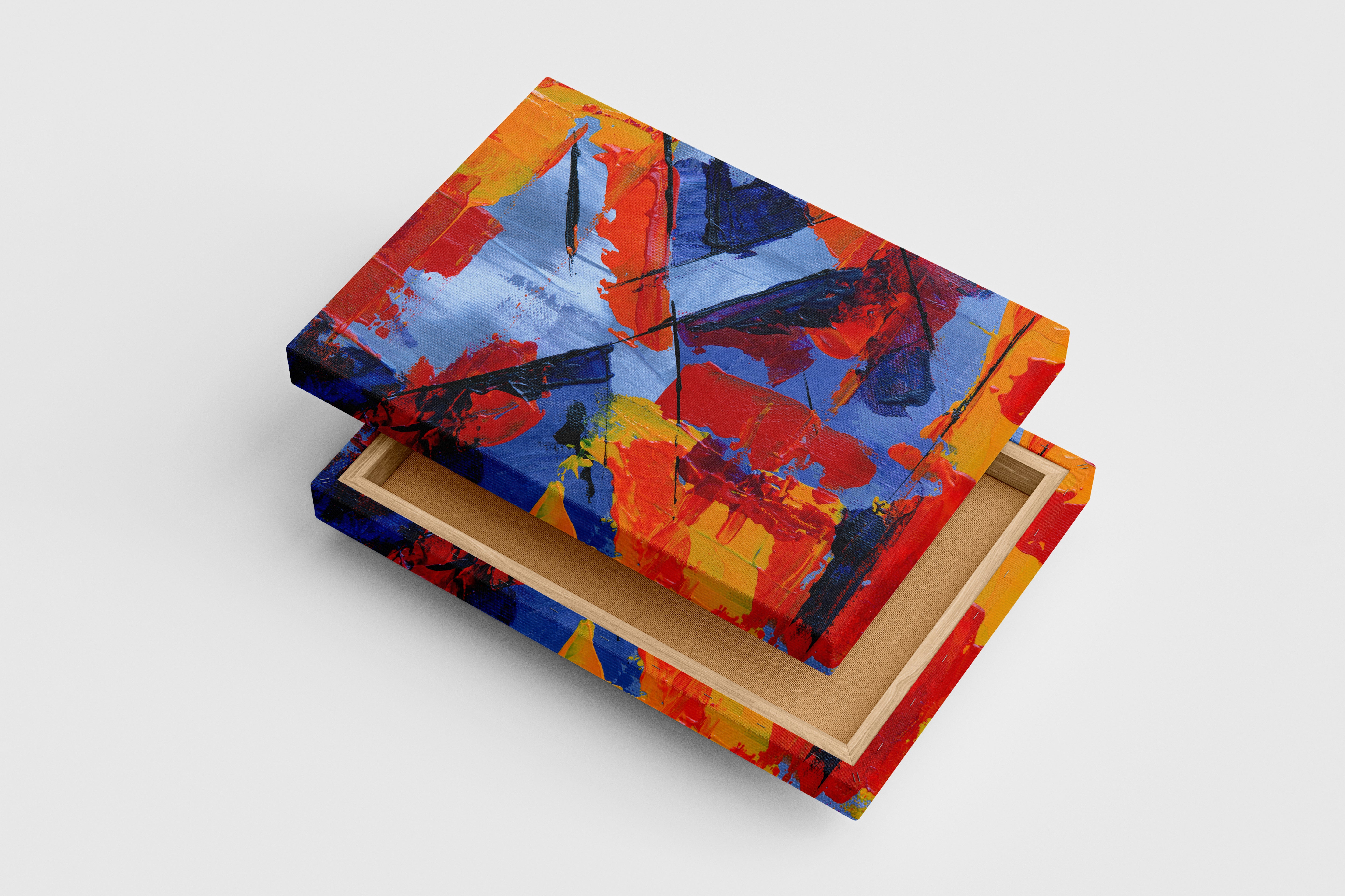 an abstract painting on canvas with clashing diagonal lines and vibrant primary colors, abstract, art, kanvas tablo