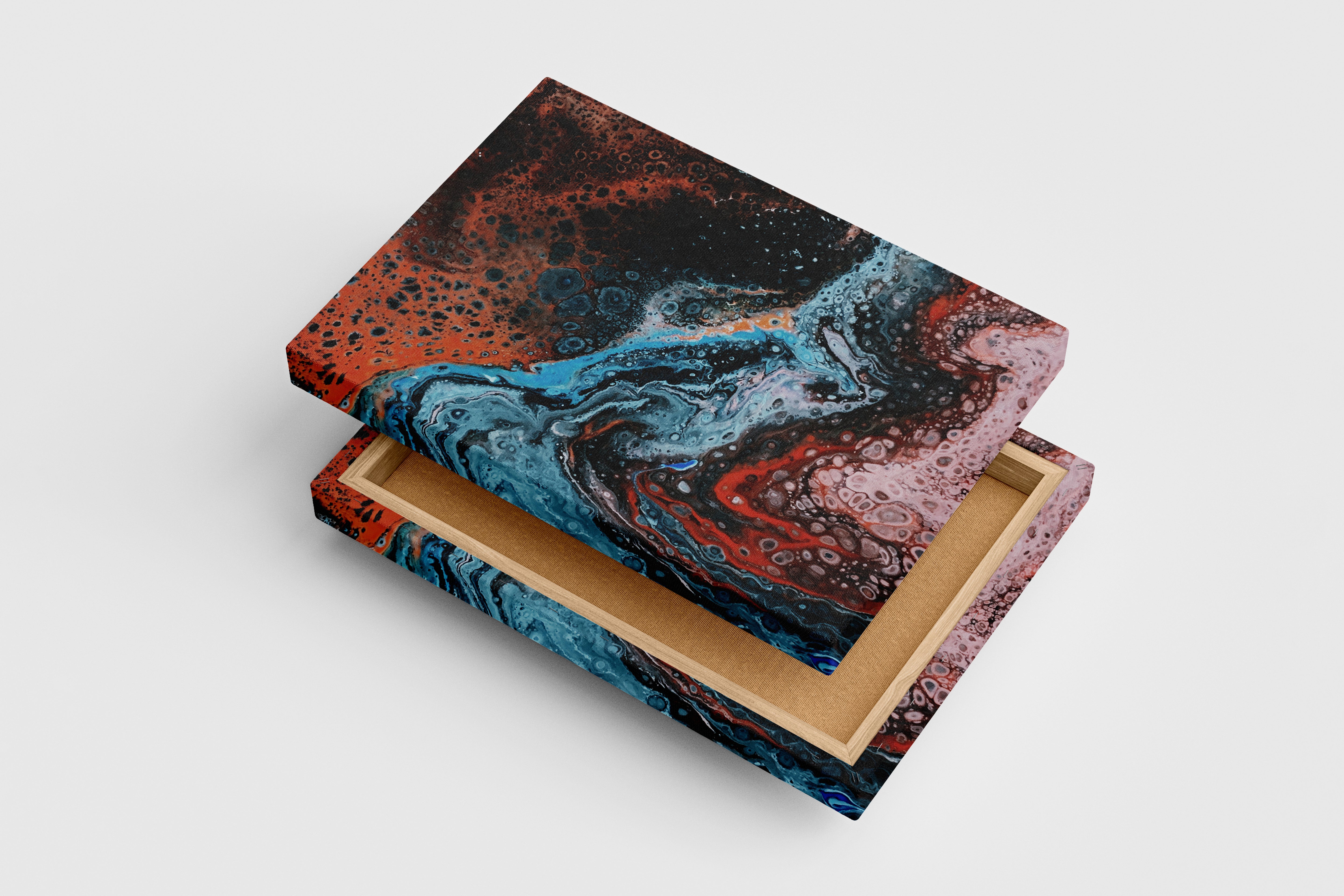 a detailed fluid art painting with cellular structures in red, black and blue, abstract, art, kanvas tablo
