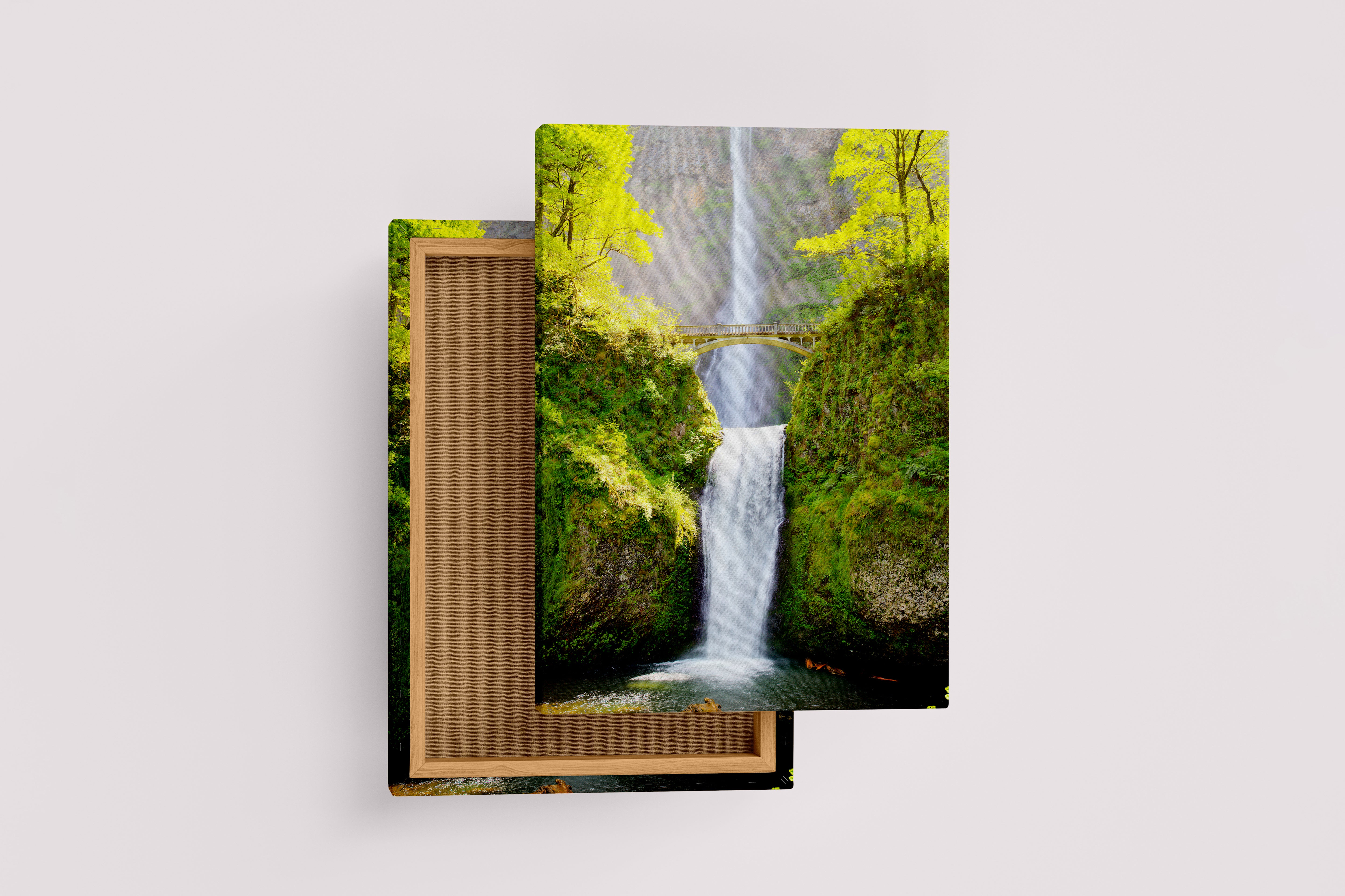 the famous multnomah falls, a tall two-tiered waterfall with a bridge, art, kanvas tablo