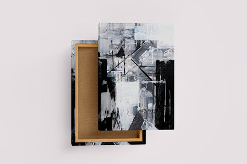 a monochromatic abstract painting featuring bold black and white shapes with heavy textures, abstract, art, kanvas tablo