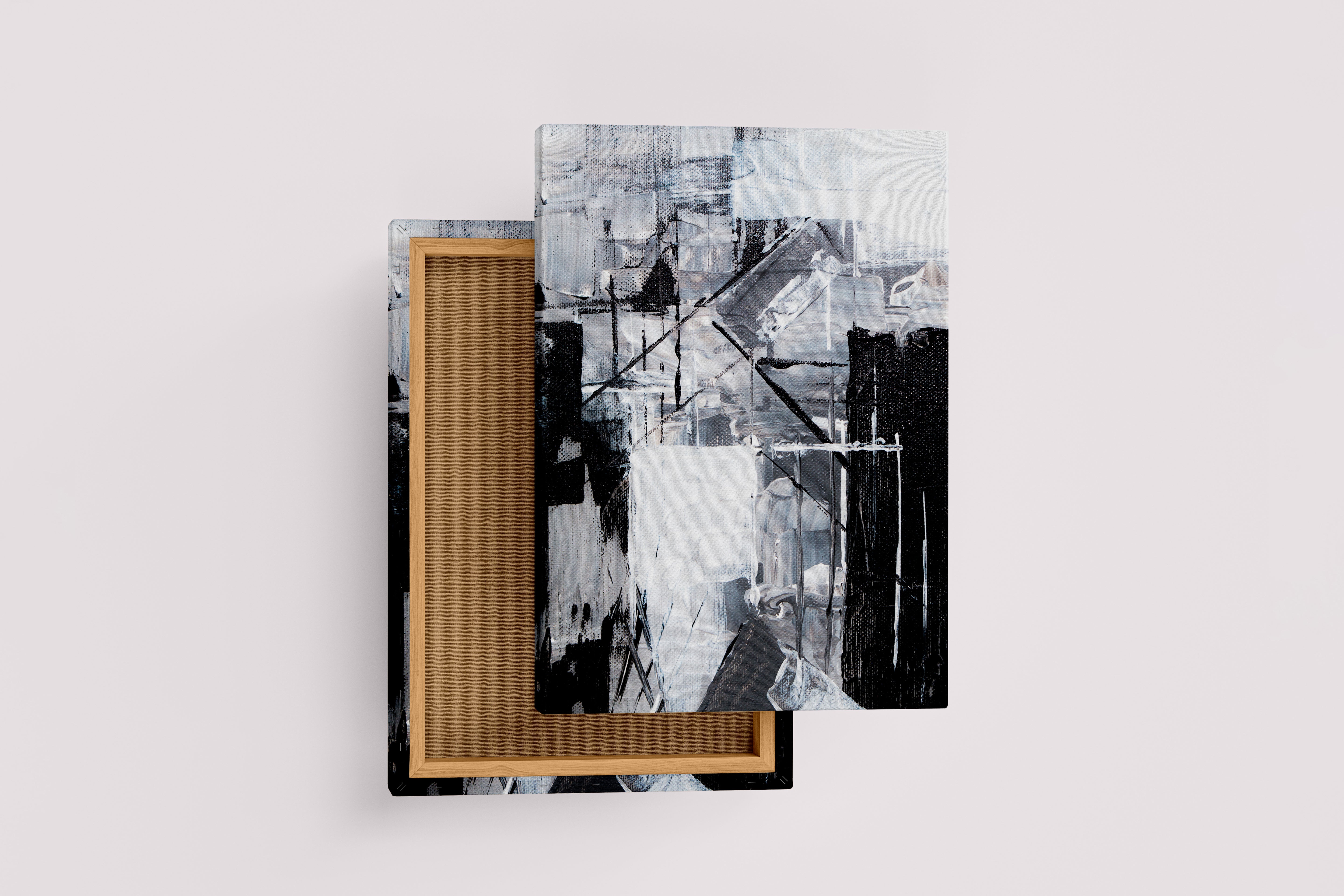 a monochromatic abstract painting featuring bold black and white shapes with heavy textures, abstract, art, kanvas tablo