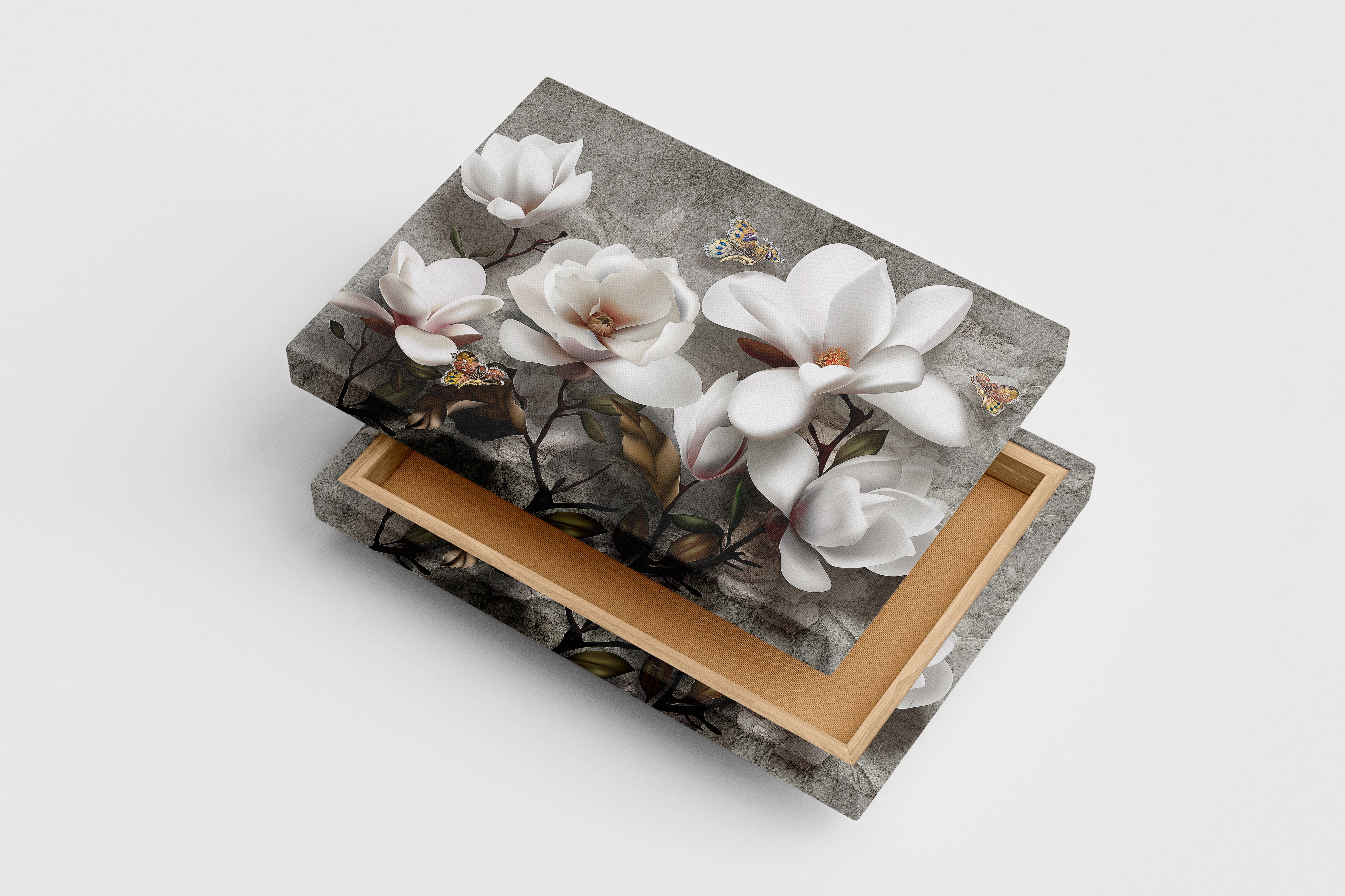 a 3d render of white magnolias and butterflies on a grey textured concrete wall, flower motif, art, kanvas tablo