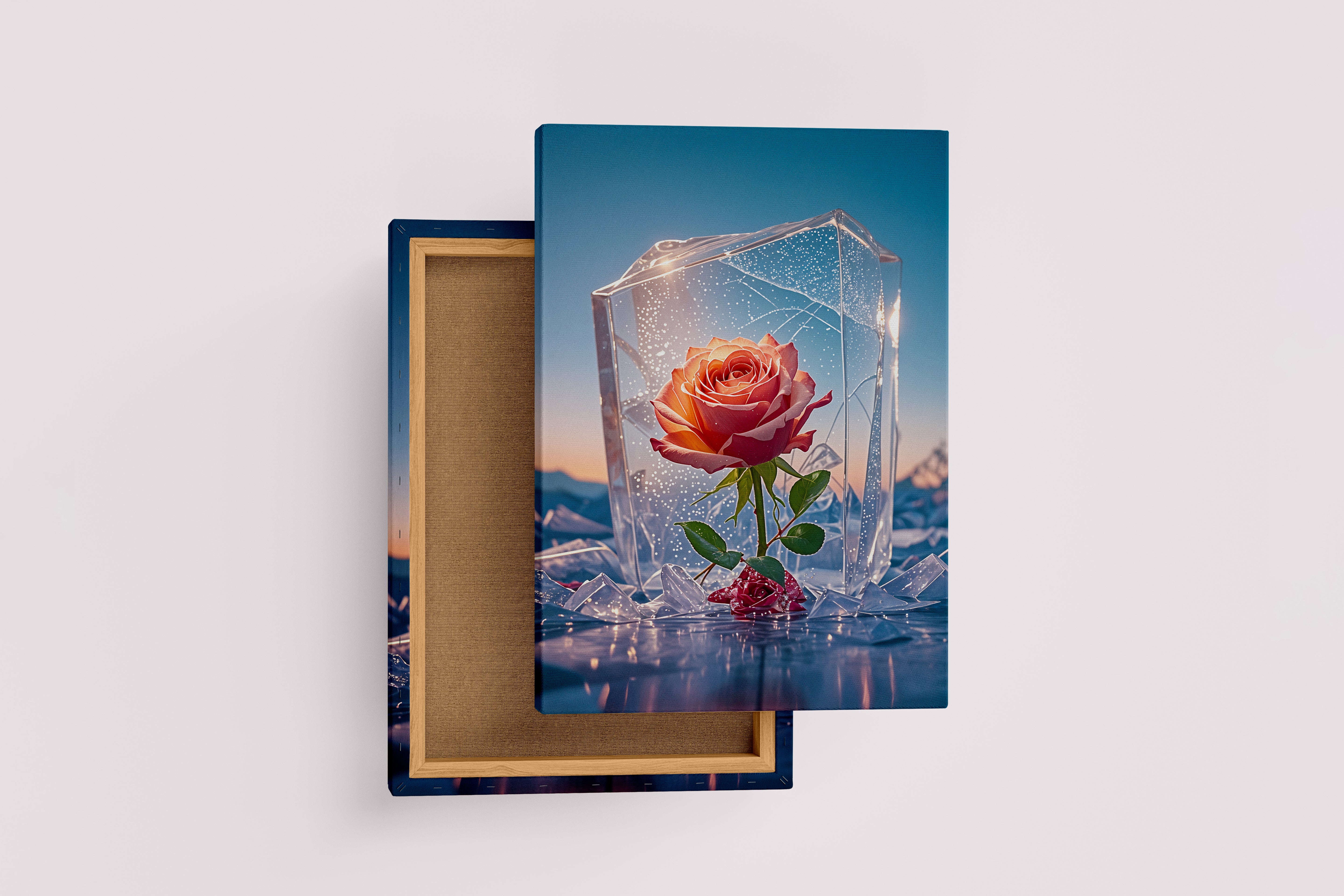 ai creation, red rose in crystal, frozen themed, ai art, art, kanvas tablo