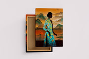 ai creation, asian flowers and asian women in the middle of sunset, ai art, art, kanvas tablo