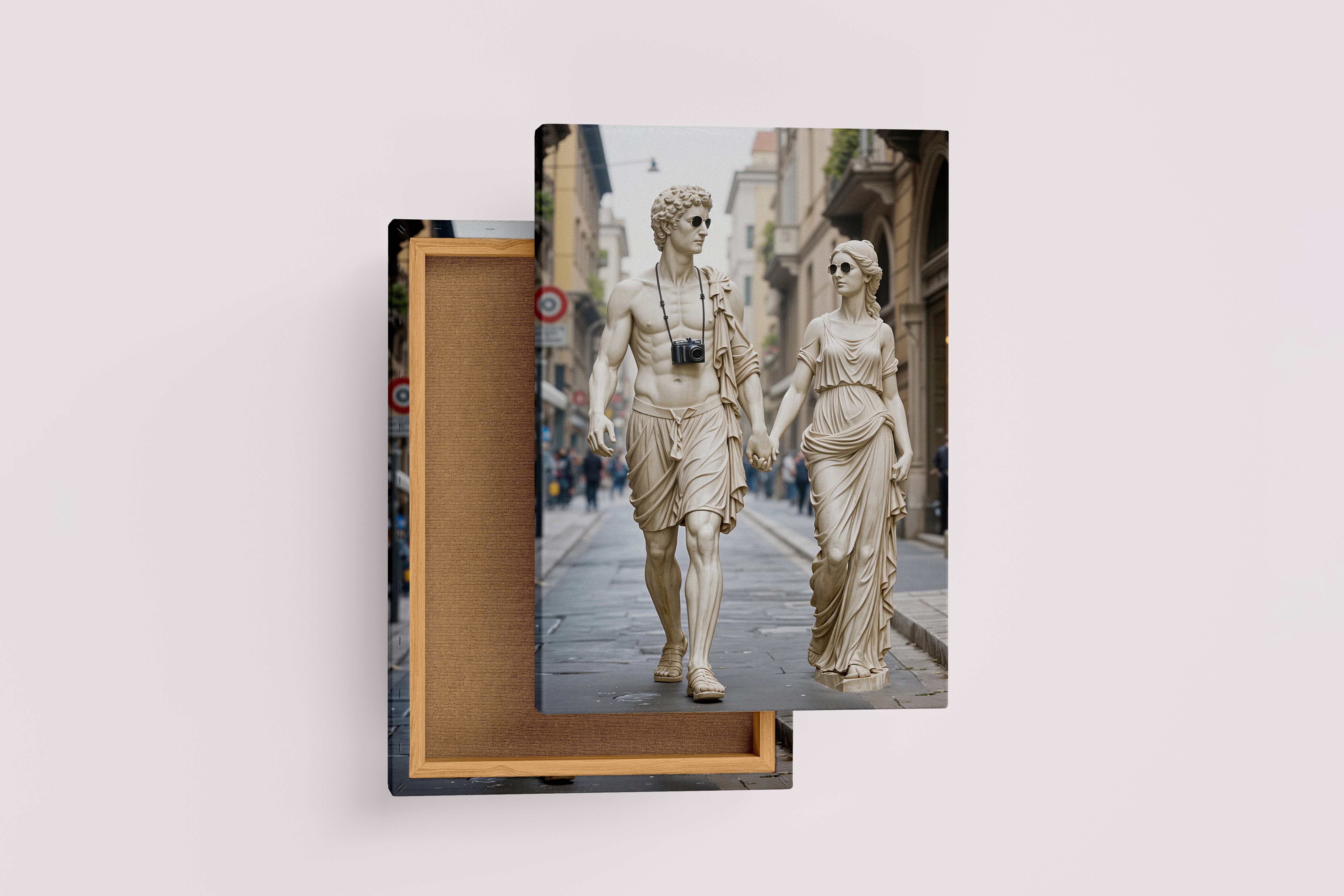 ai creation, ancient greek statues as modern tourists with sunglasses and a camera, ai art, art, kanvas tablo